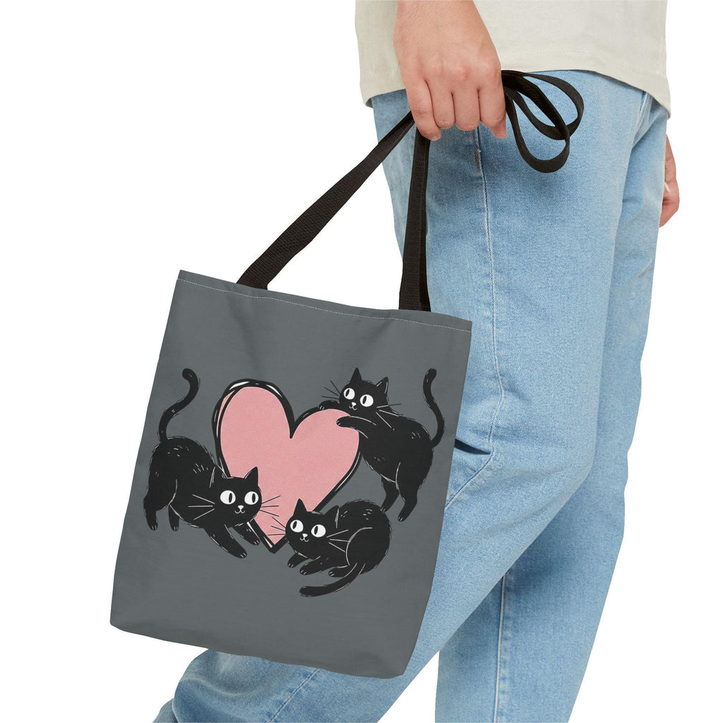 Three Black Cats Playing with Hearts Tote Bag | Cute Cat Heart Pattern