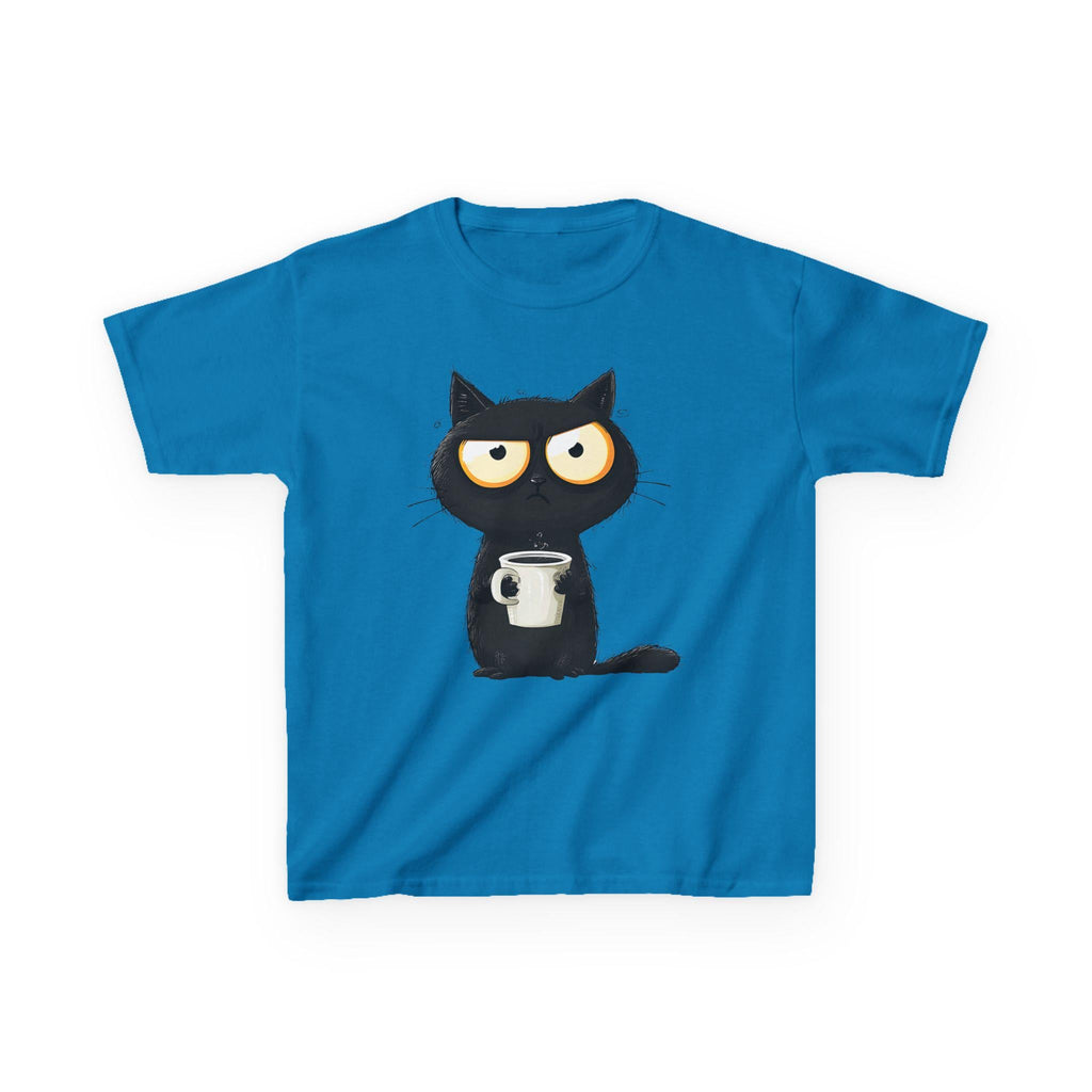 Grumpy Black Cat Holding Coffee Kids Tee