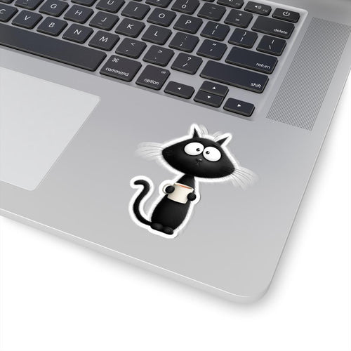 Black Cartoon Cat with Coffee Kiss-Cut Stickers | Cute Cat Sticker