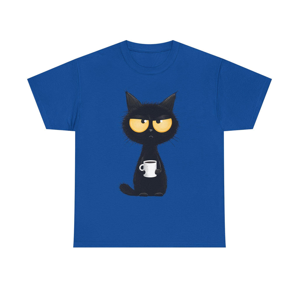 Grumpy Black Cat Holding Coffee T-Shirt | Coffee Cat Tee