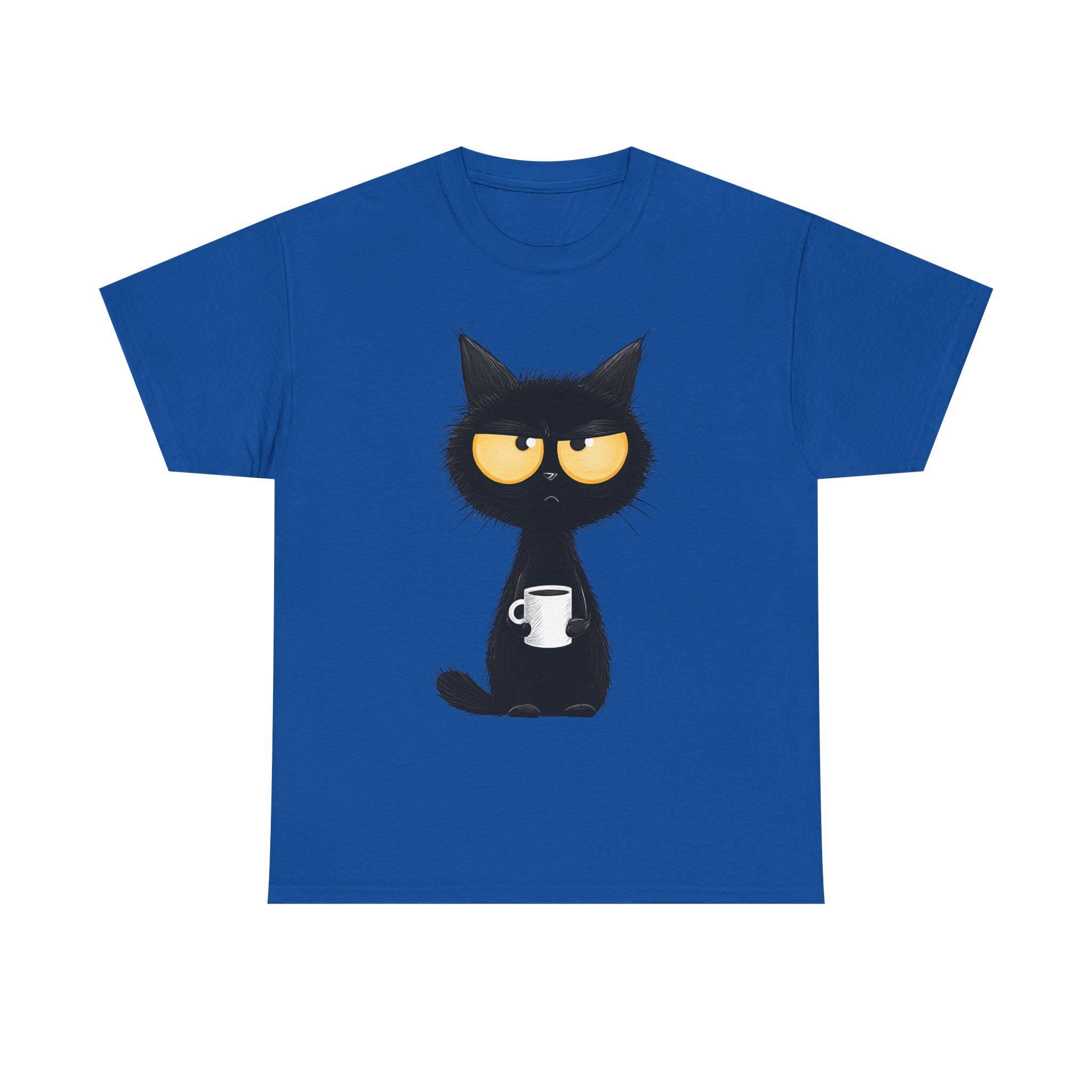 Grumpy Black Cat Holding Coffee T-Shirt | Coffee Cat Tee