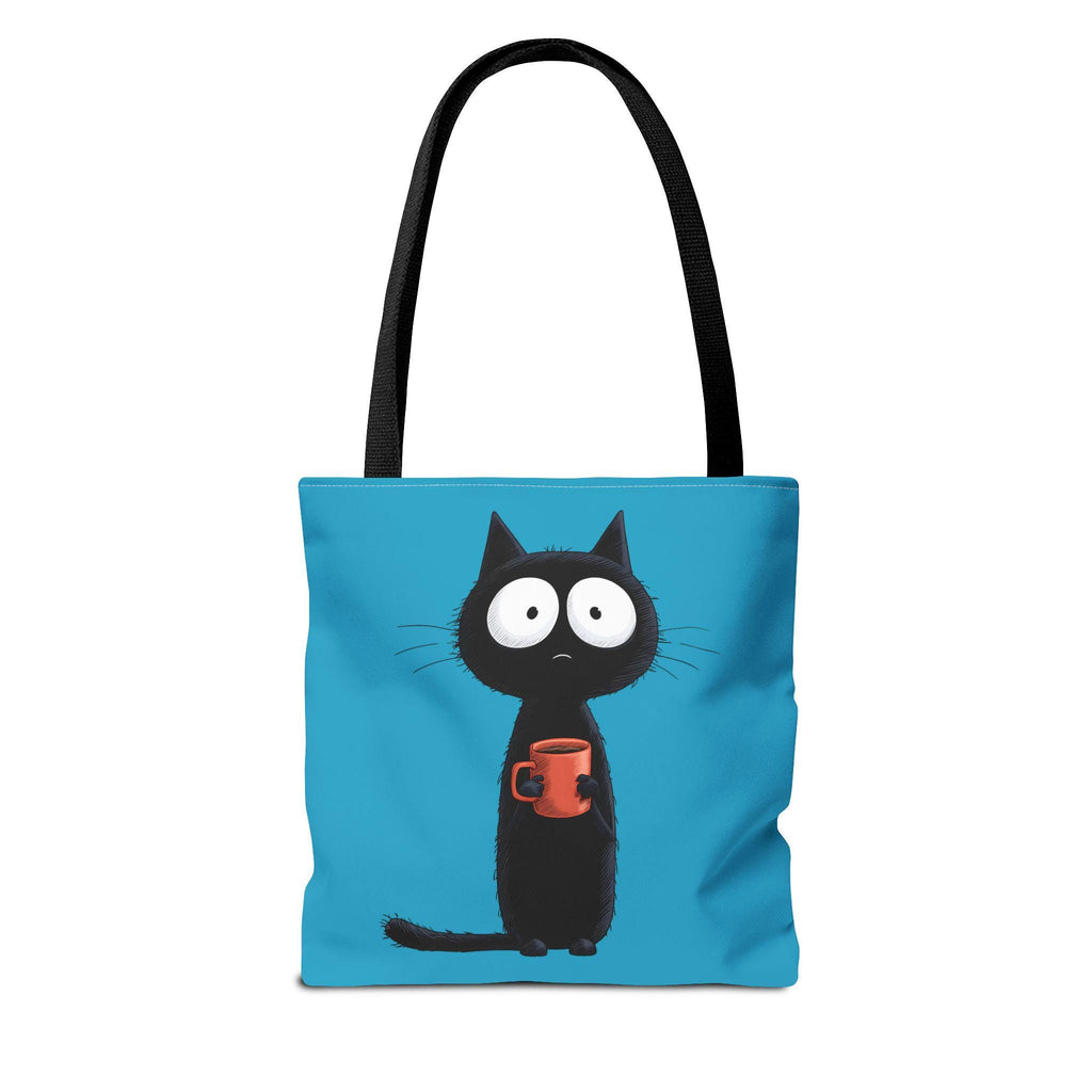 Wide-Eyed Black Cat Holding Coffee Tote Bag | Cute Cartoon Cat Illustration