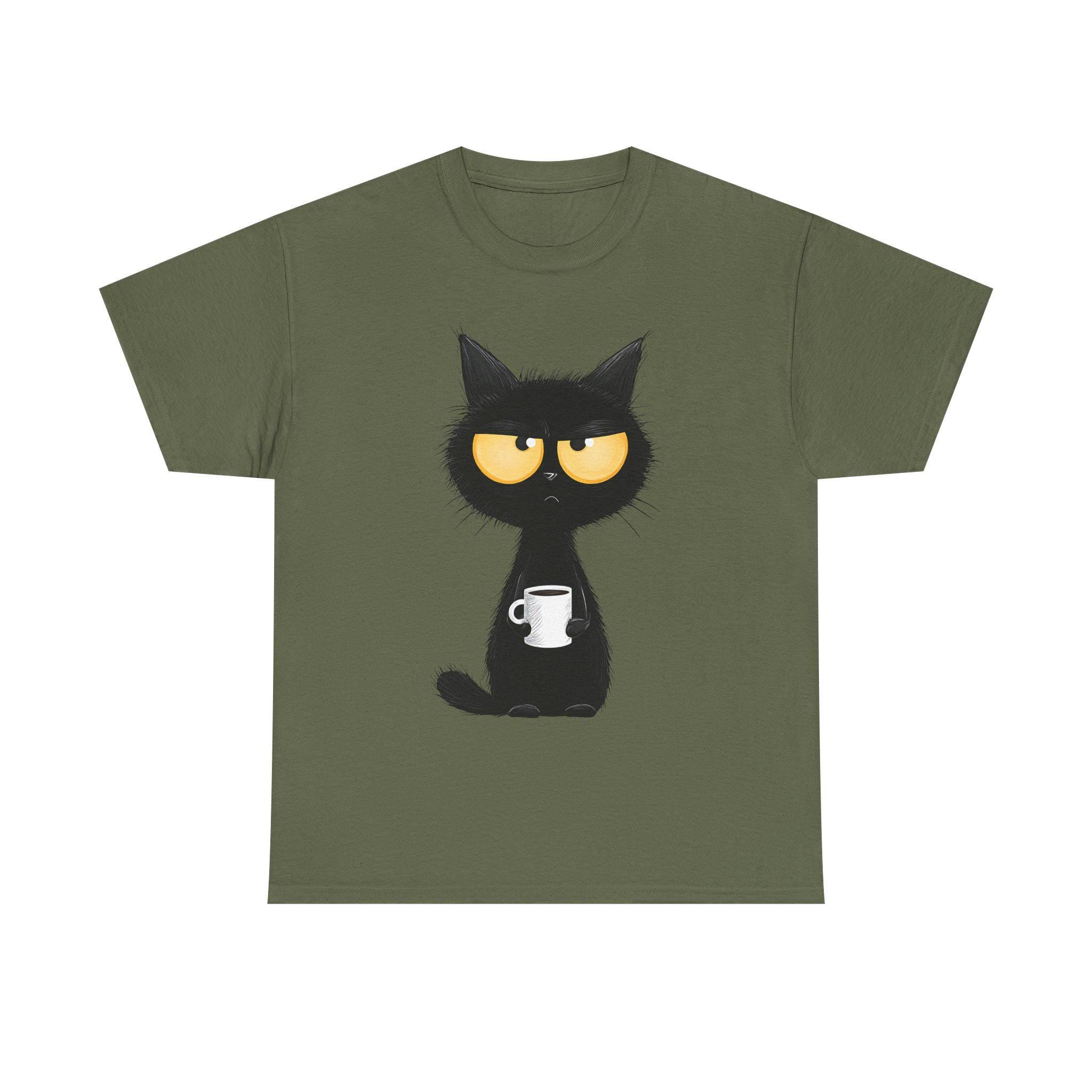 Grumpy Black Cat Holding Coffee T-Shirt | Coffee Cat Tee