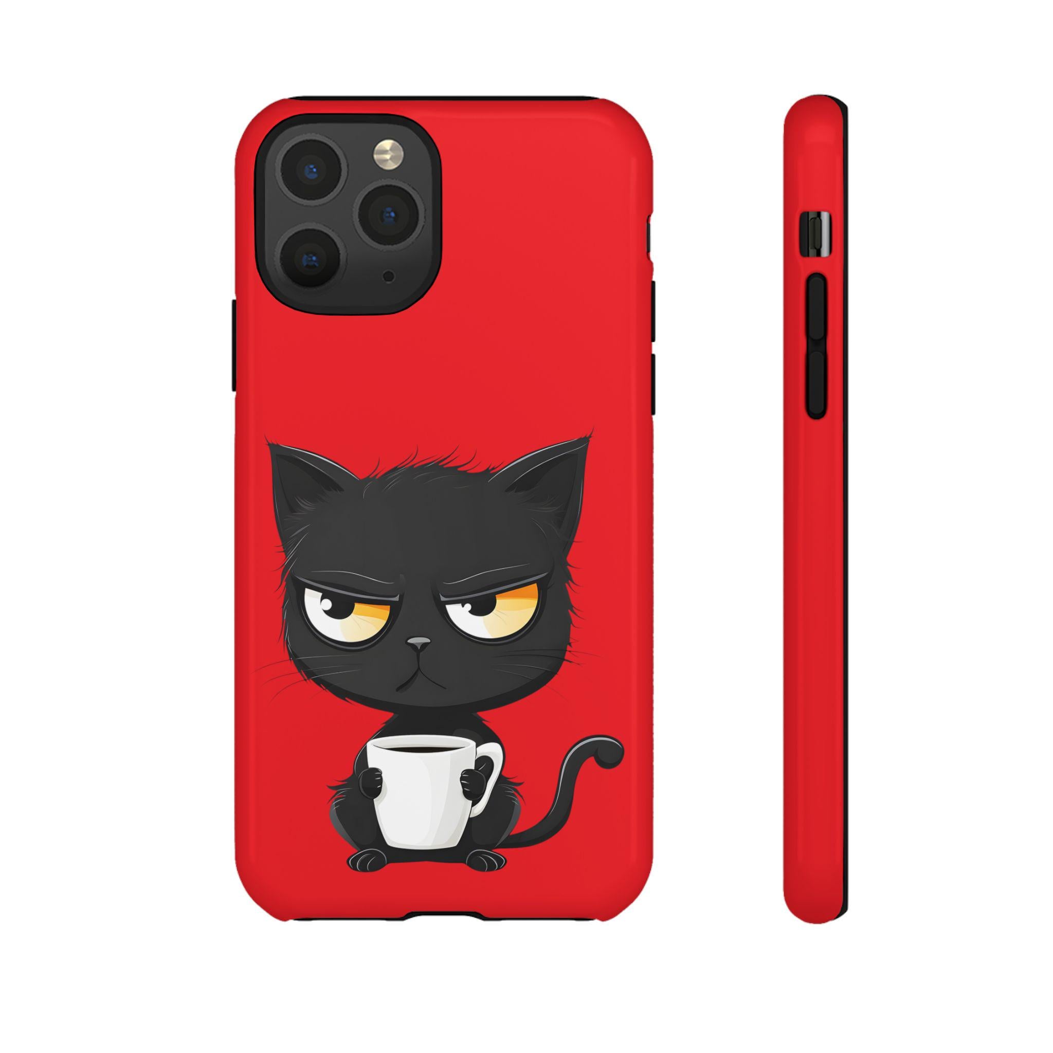 Grumpy Black Cat with Coffee Phone Case | Cute Cartoon Cat Mug