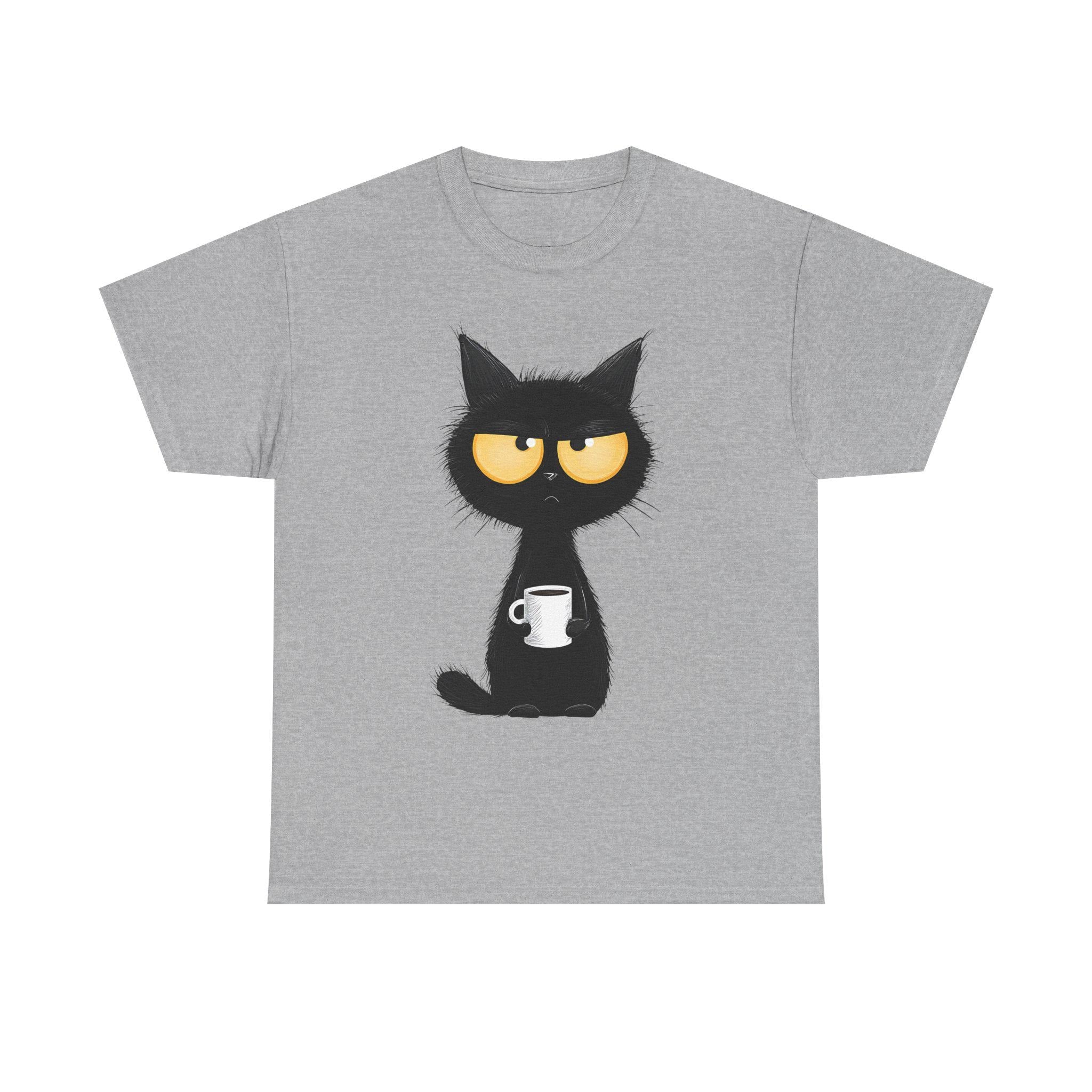 Grumpy Black Cat Holding Coffee T-Shirt | Coffee Cat Tee