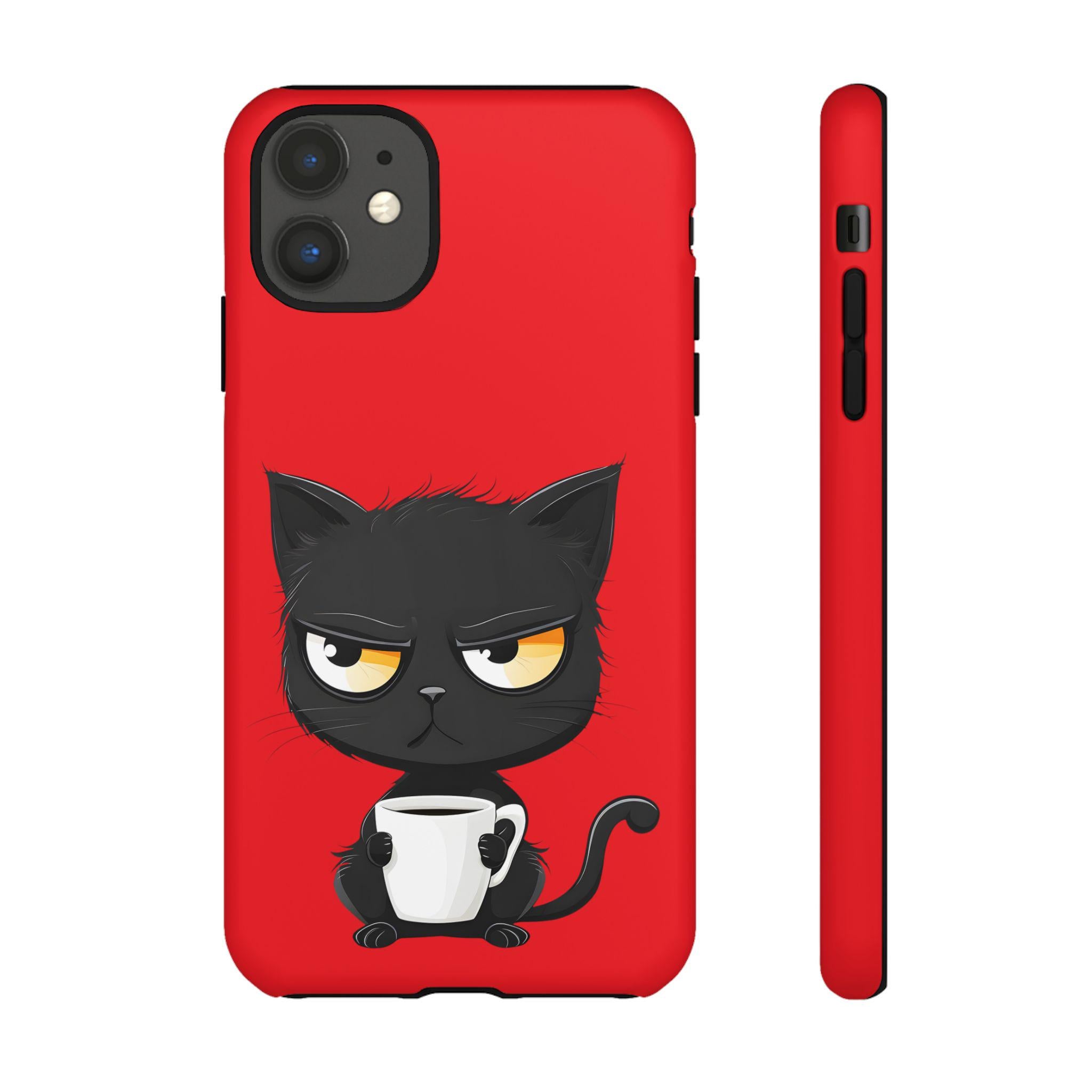 Grumpy Black Cat with Coffee Phone Case | Cute Cartoon Cat Mug