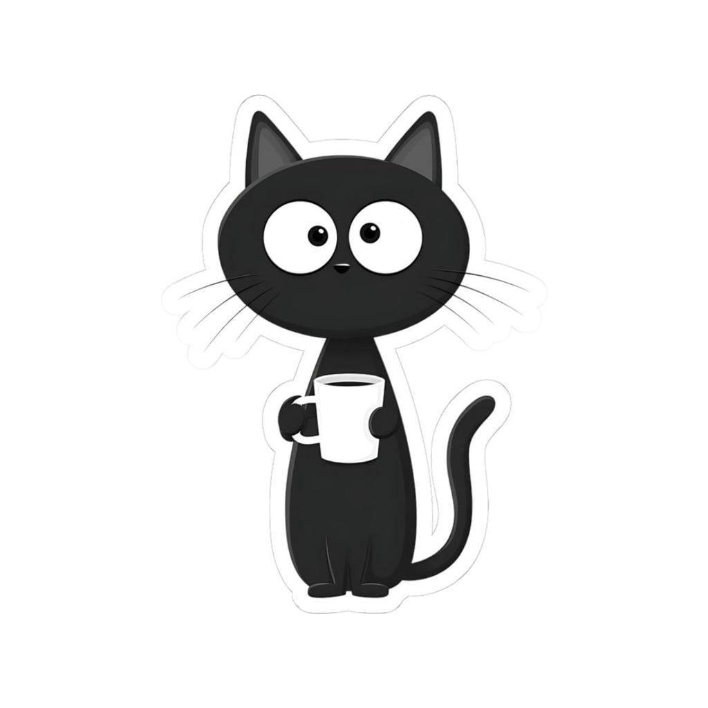Black Cat Holding Coffee mug Sticker | Kiss-Cut Sticker