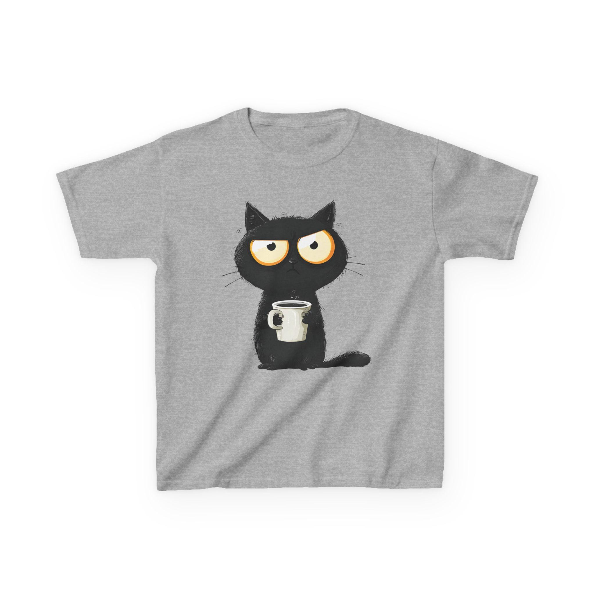 Grumpy Black Cat Holding Coffee Kids Tee
