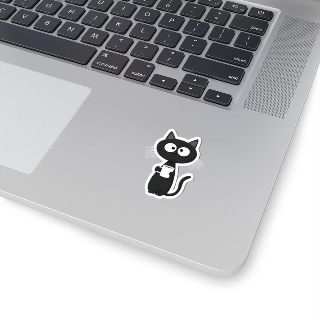 Black Cat Holding Coffee mug Sticker | Kiss-Cut Sticker