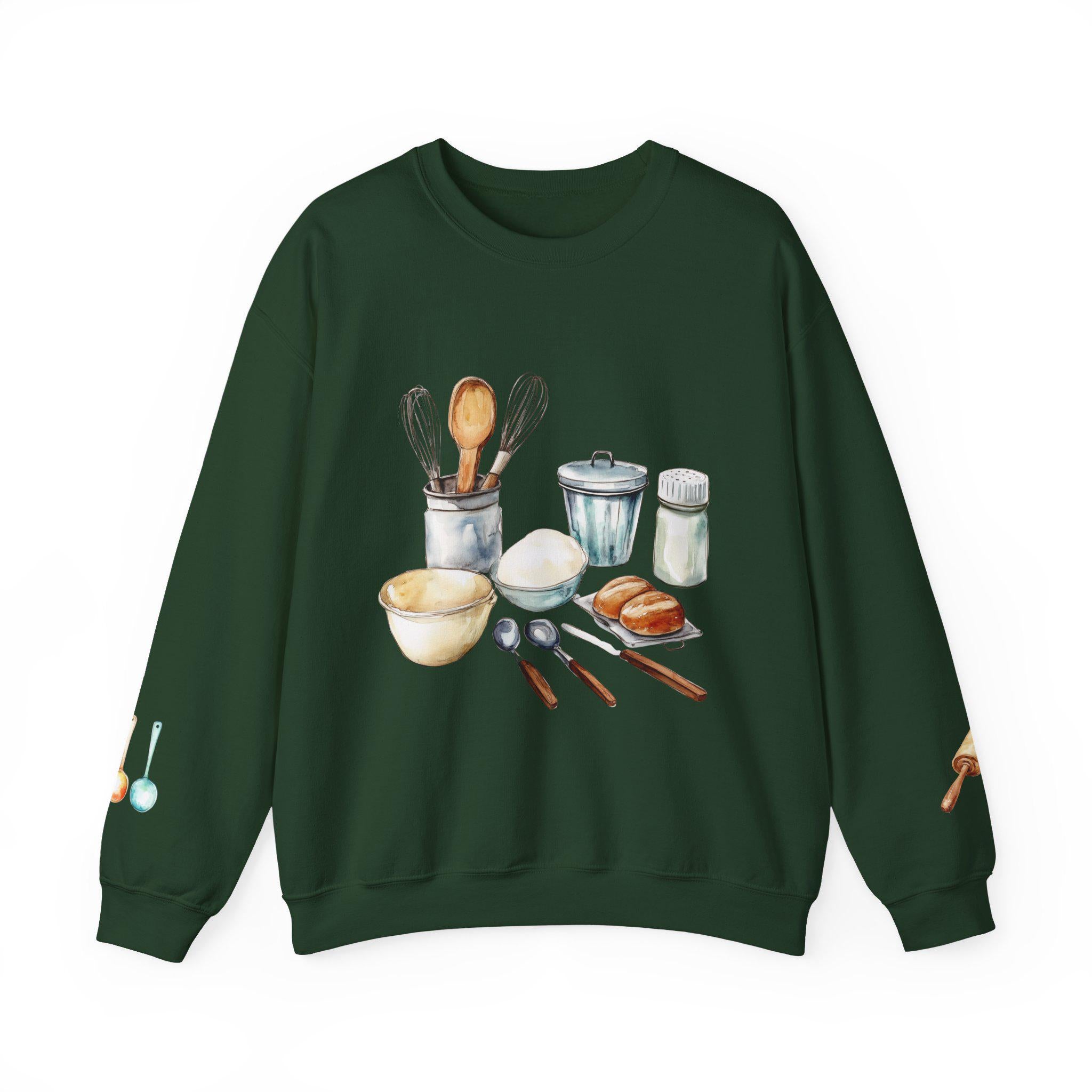 Culinary Art, baking Illustration Crewneck Sweatshirt | Watercolor Kitchen Utensils
