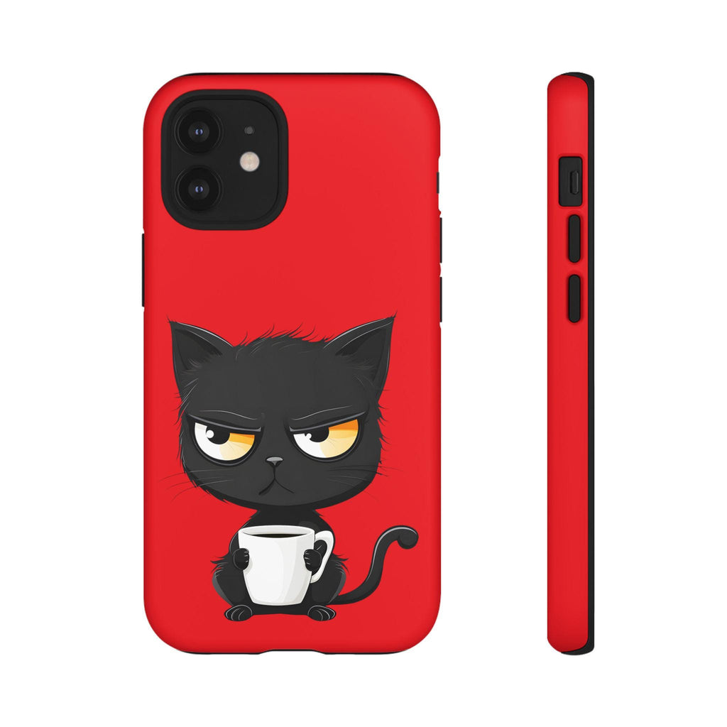 Grumpy Black Cat with Coffee Phone Case | Cute Cartoon Cat Mug