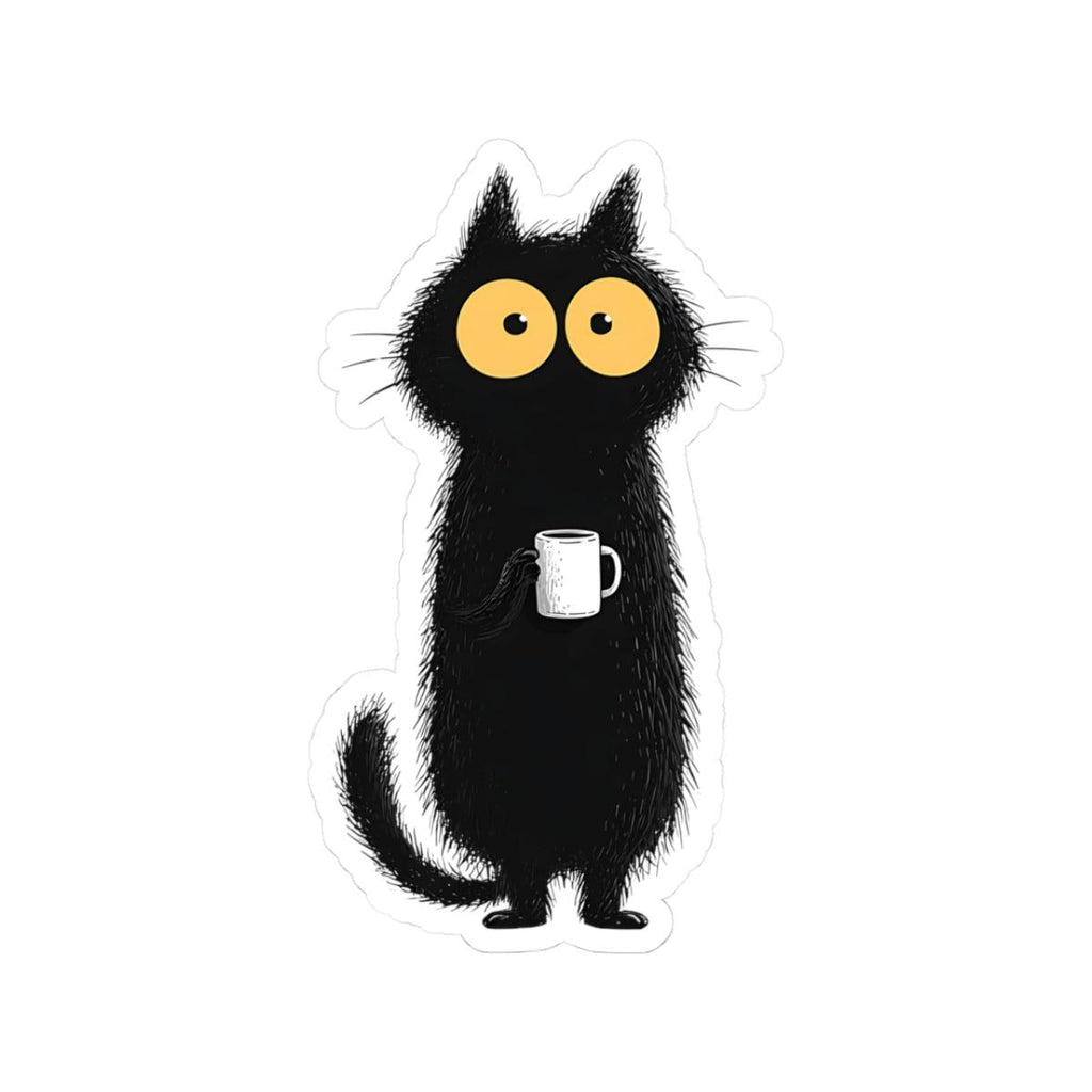 Wide-Eyed Black Cat with Coffee Mug Sticker | Kiss-Cut Sticker