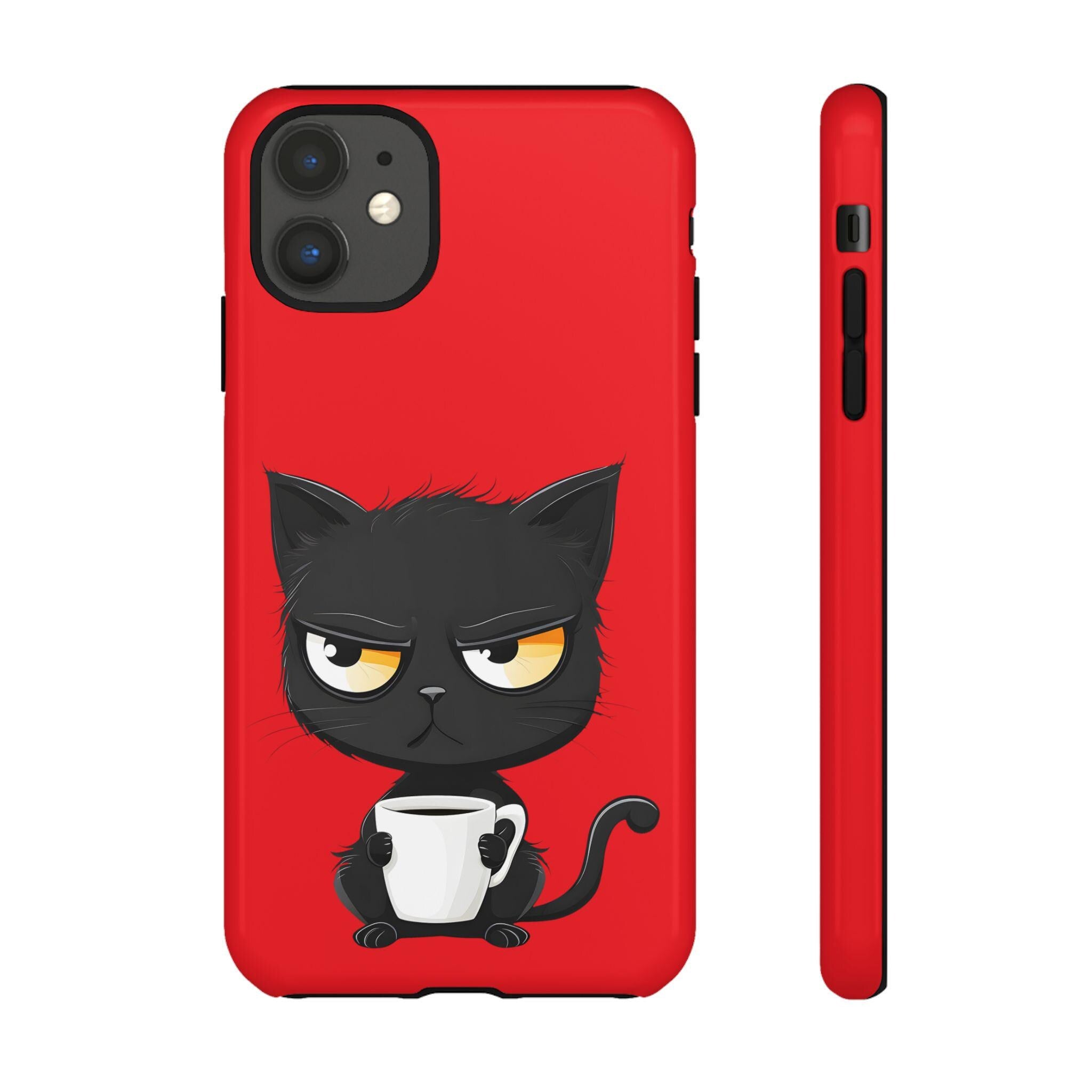 Grumpy Black Cat with Coffee Phone Case | Cute Cartoon Cat Mug