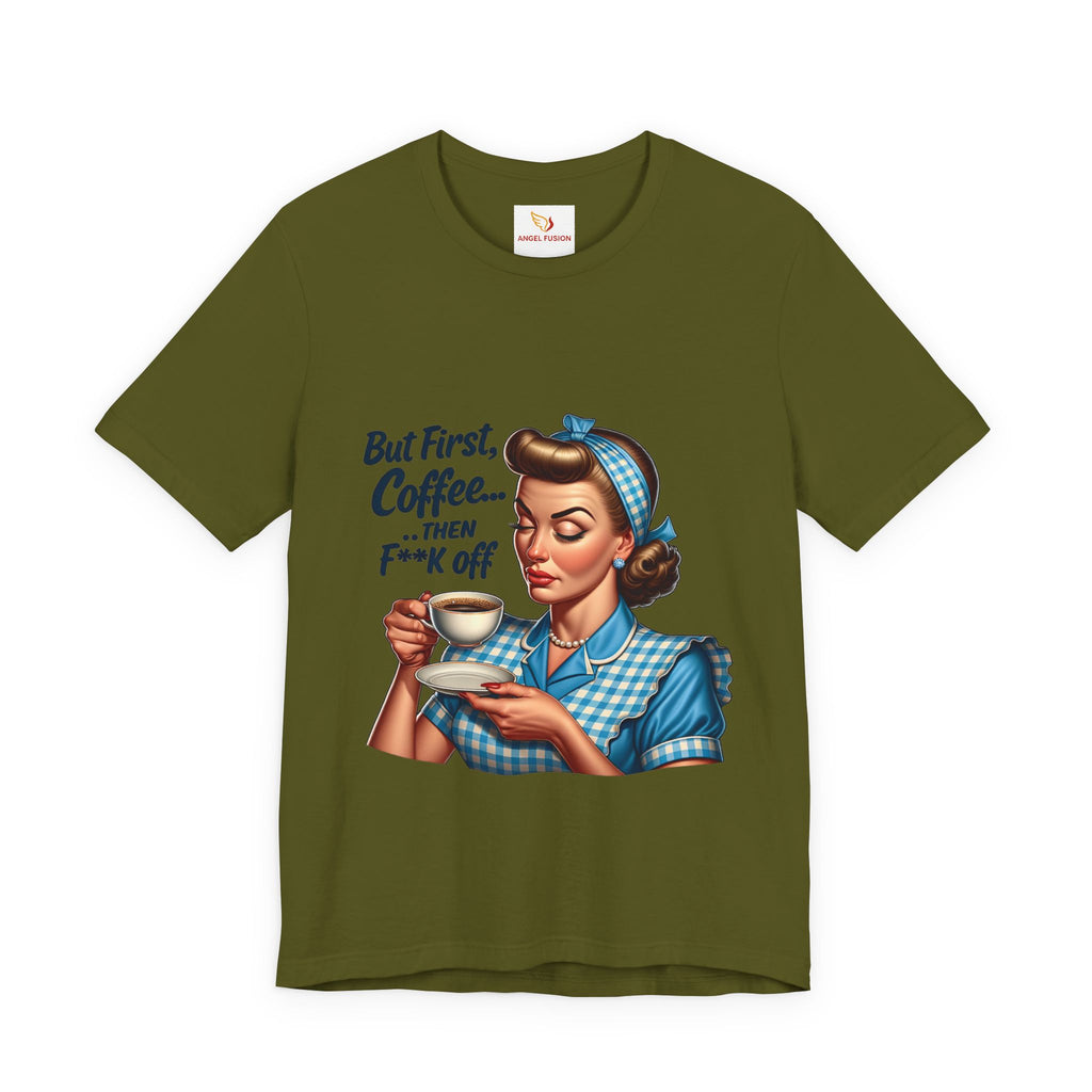 Coffee Retro Tee — "But First, Coffee... Then F**k Off" Vintage Pin-Up T-Shirt