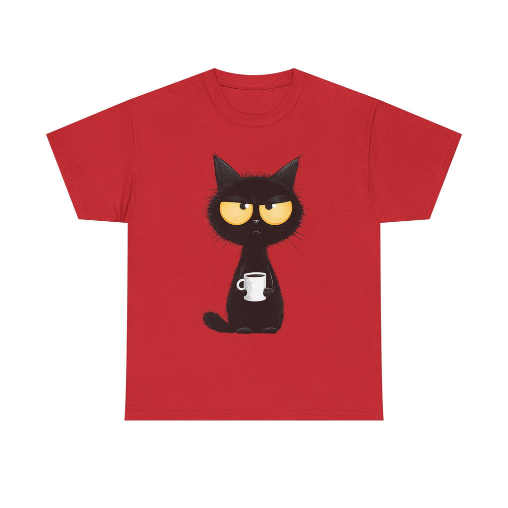 Grumpy Black Cat Holding Coffee T-Shirt | Coffee Cat Tee