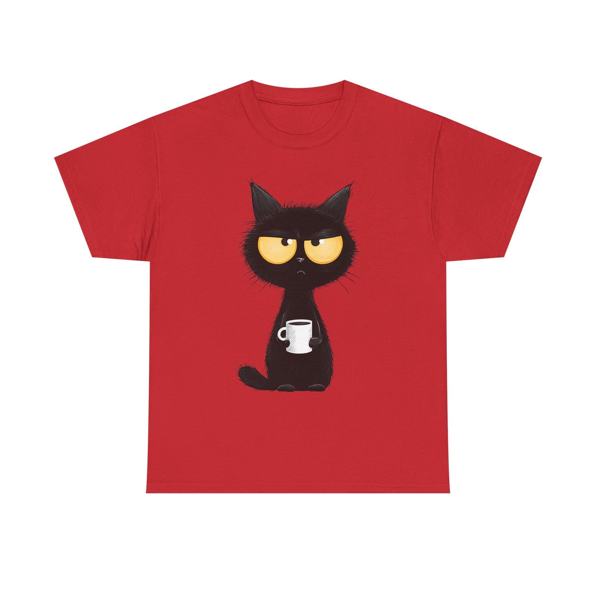 Grumpy Black Cat Holding Coffee T-Shirt | Coffee Cat Tee