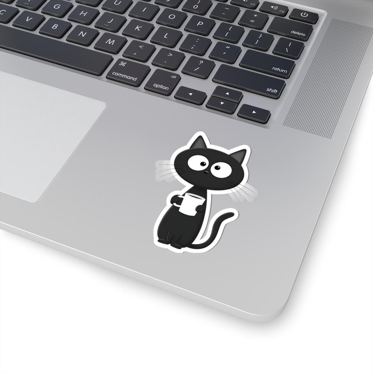 Black Cat Holding Coffee mug Sticker | Kiss-Cut Sticker