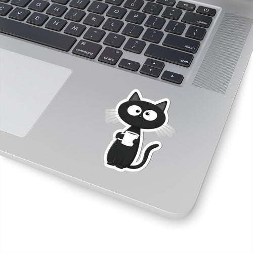 Black Cat Holding Coffee mug Sticker | Kiss-Cut Sticker