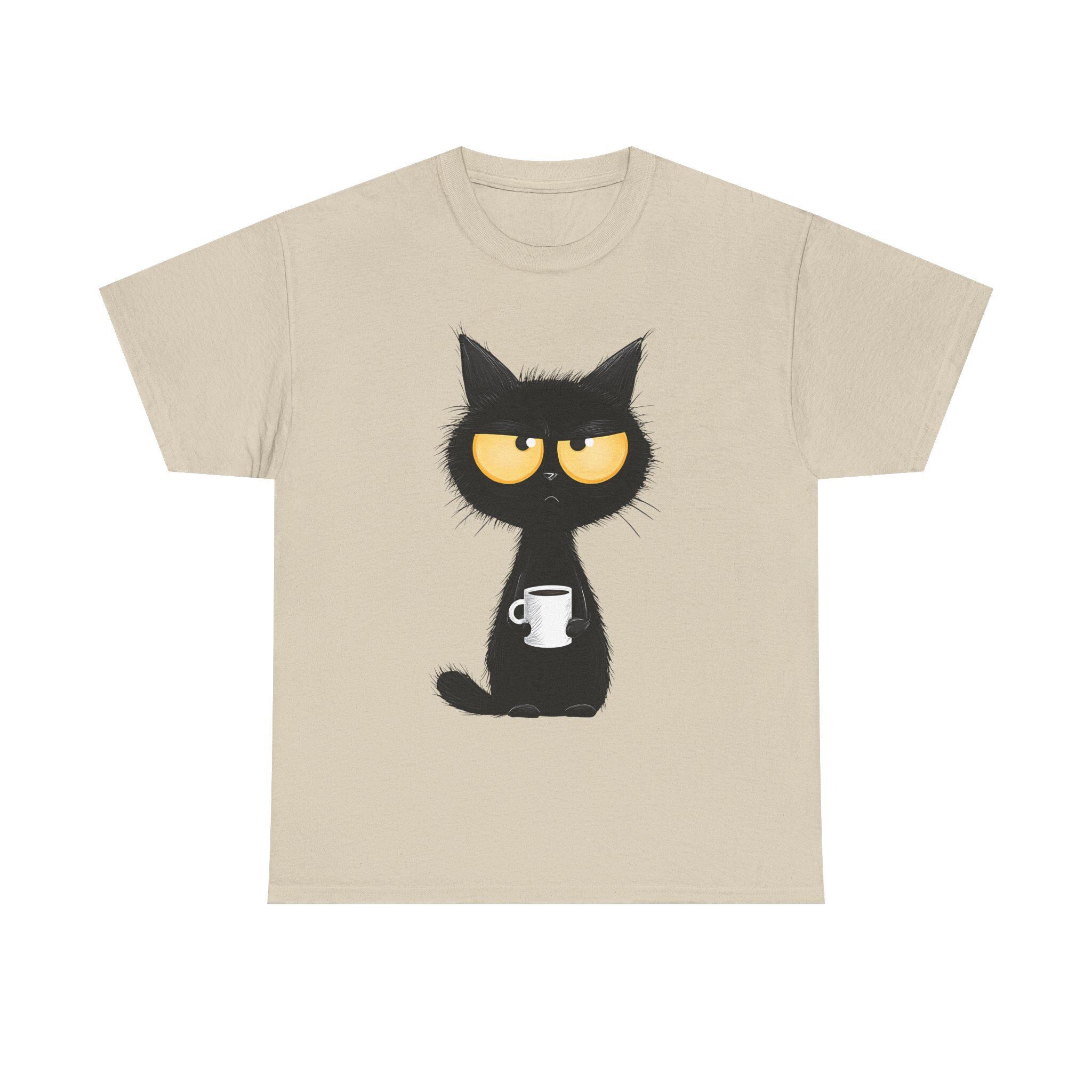 Grumpy Black Cat Holding Coffee T-Shirt | Coffee Cat Tee