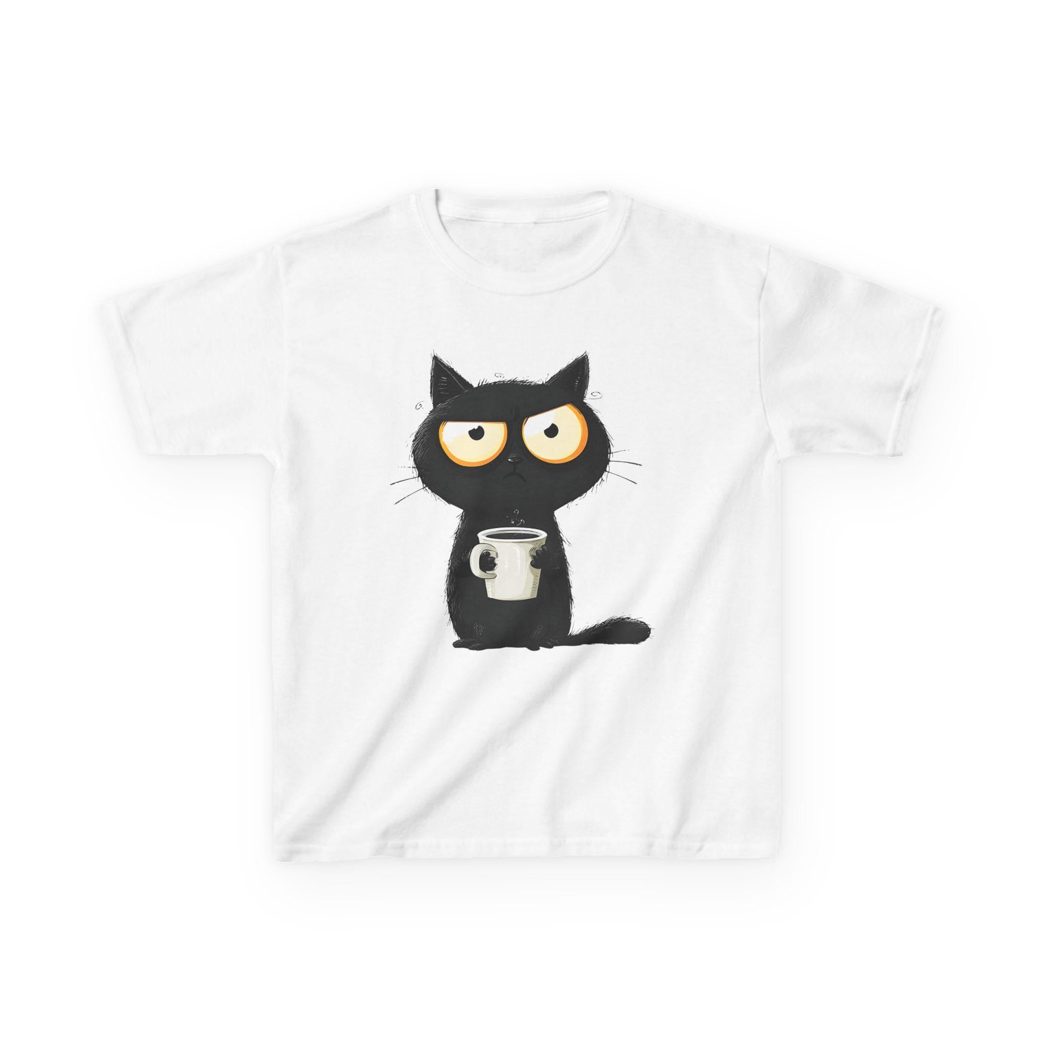 Grumpy Black Cat Holding Coffee Kids Tee