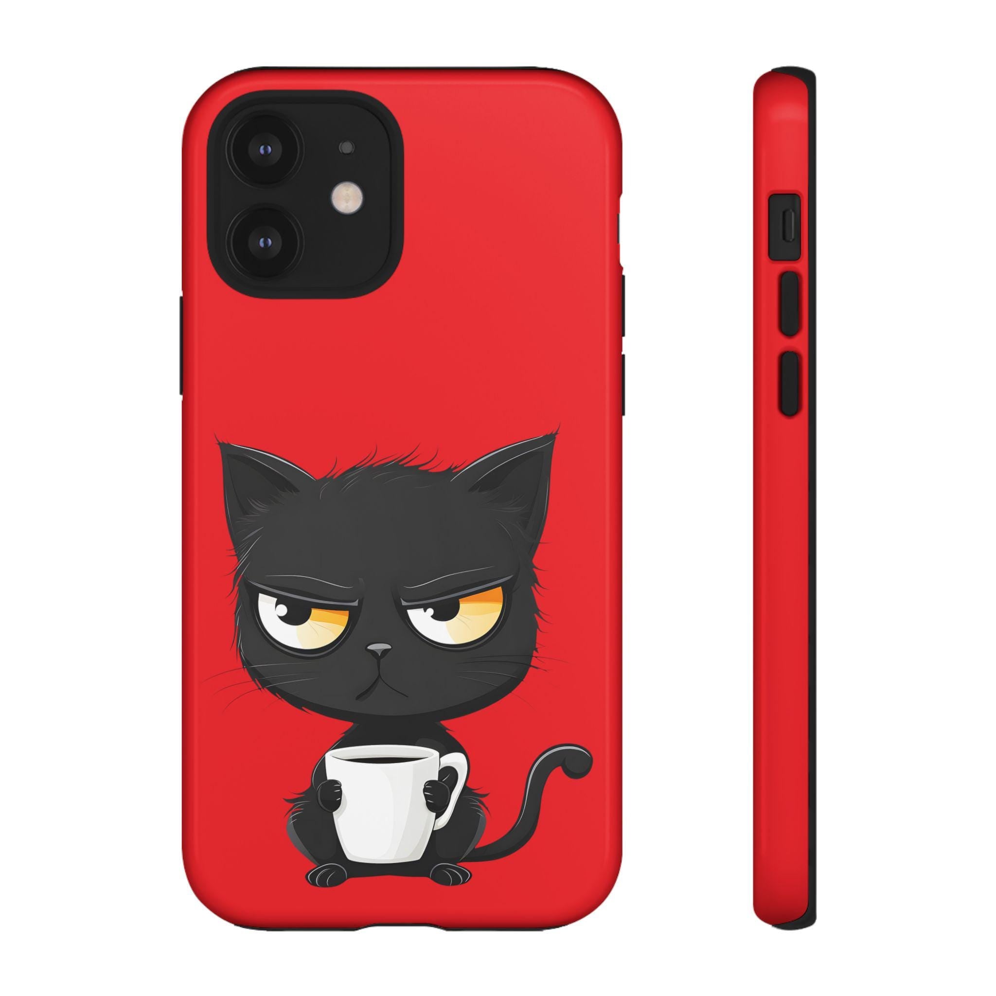 Grumpy Black Cat with Coffee Phone Case | Cute Cartoon Cat Mug