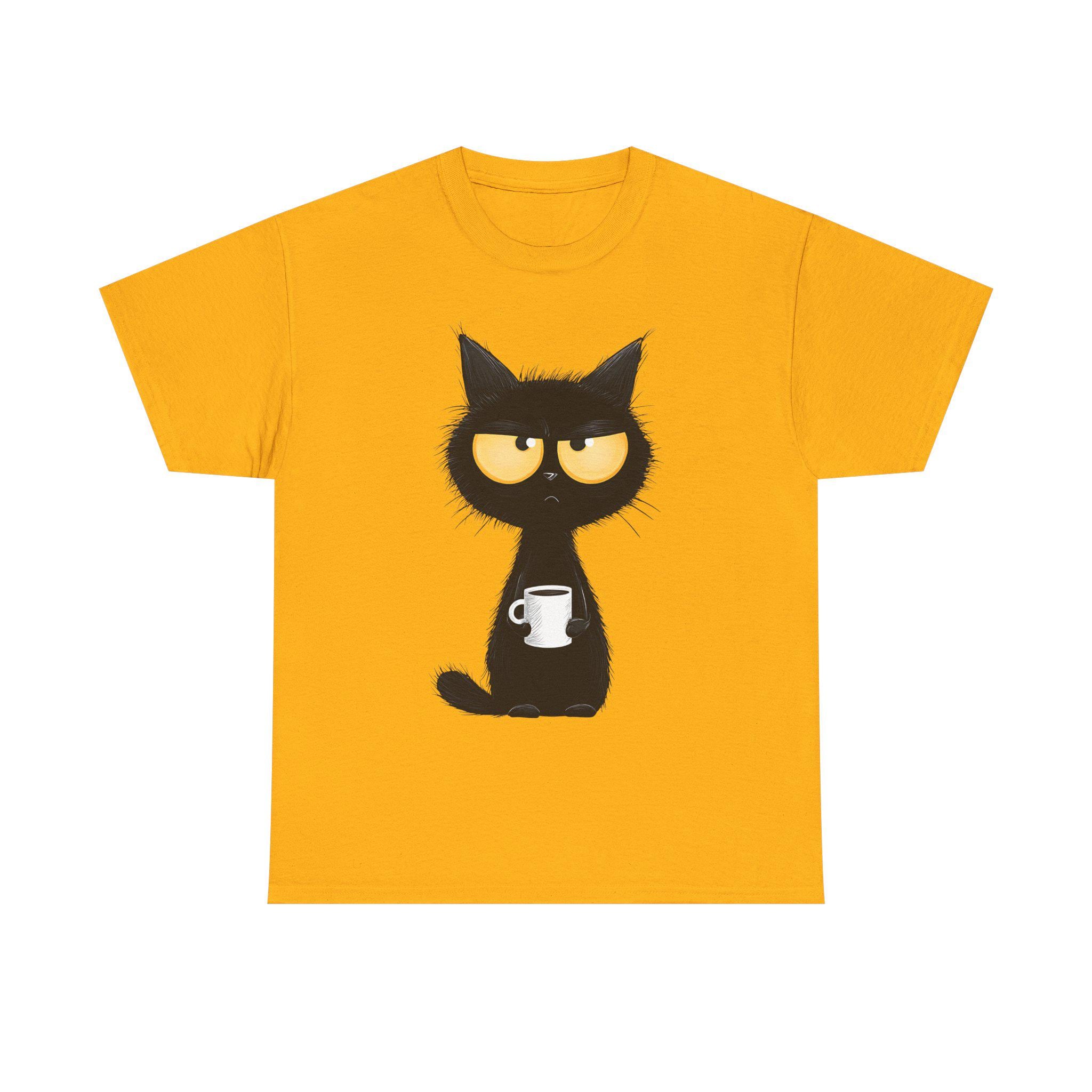Grumpy Black Cat Holding Coffee T-Shirt | Coffee Cat Tee
