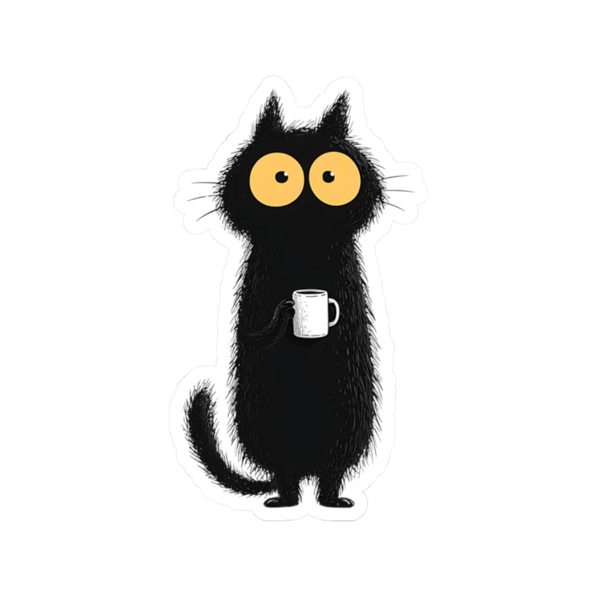 Wide-Eyed Black Cat with Coffee Mug Sticker | Kiss-Cut Sticker