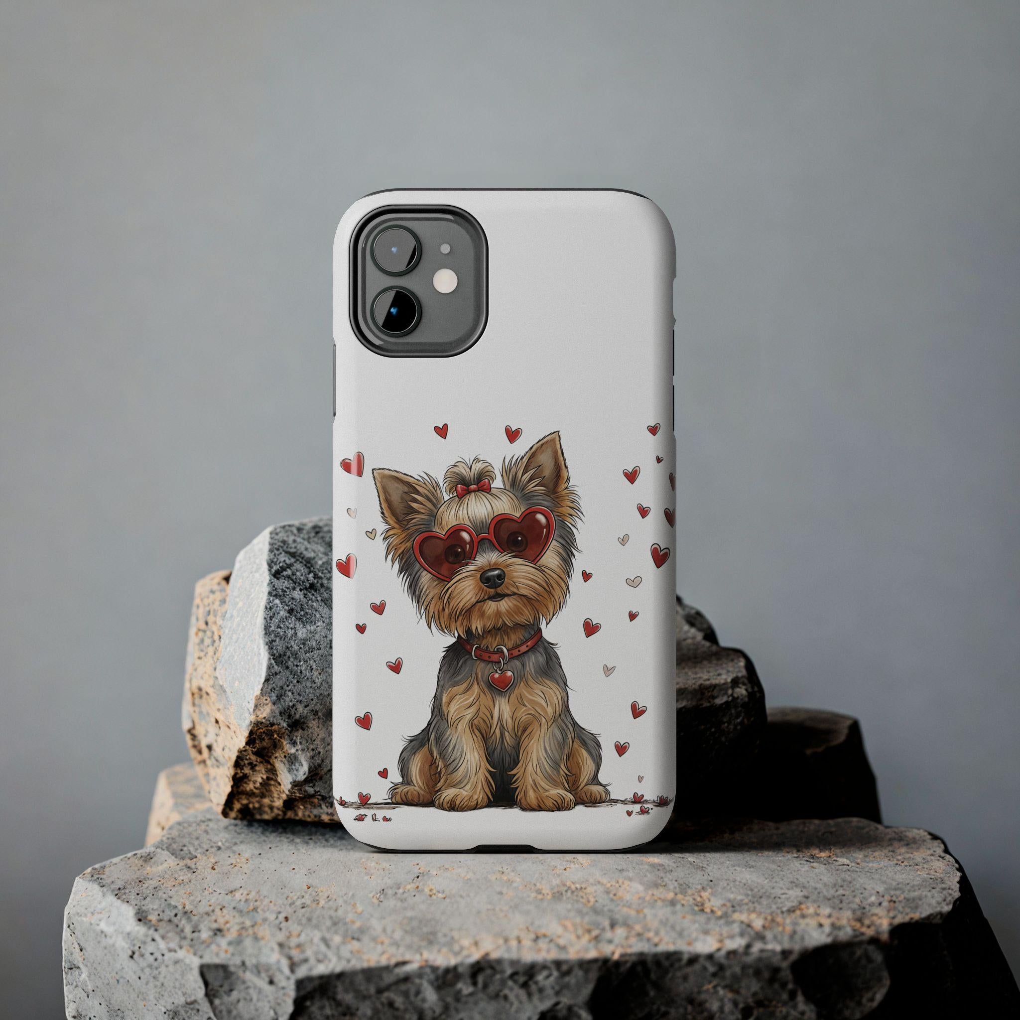 Valentine Yorkie in Heart Sunglasses phone case | Cute Dog Valentine design