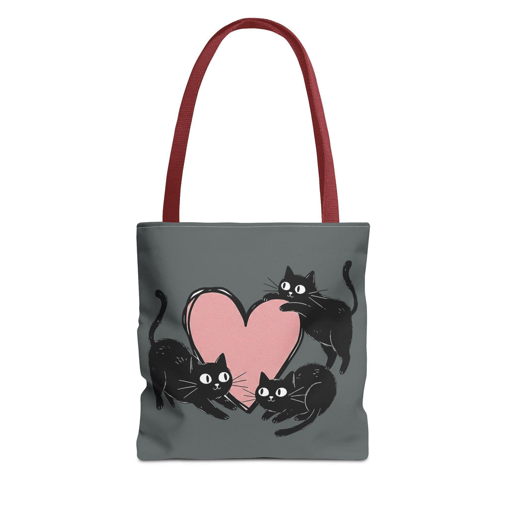 Three Black Cats Playing with Hearts Tote Bag | Cute Cat Heart Pattern