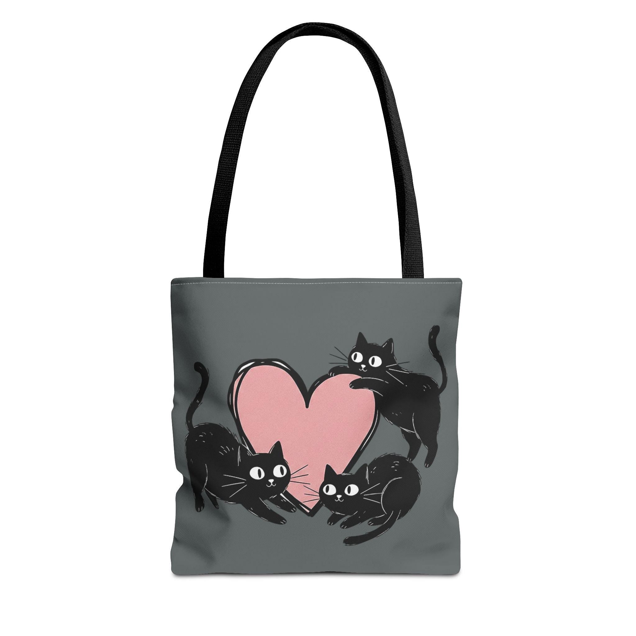 Three Black Cats Playing with Hearts Tote Bag | Cute Cat Heart Pattern
