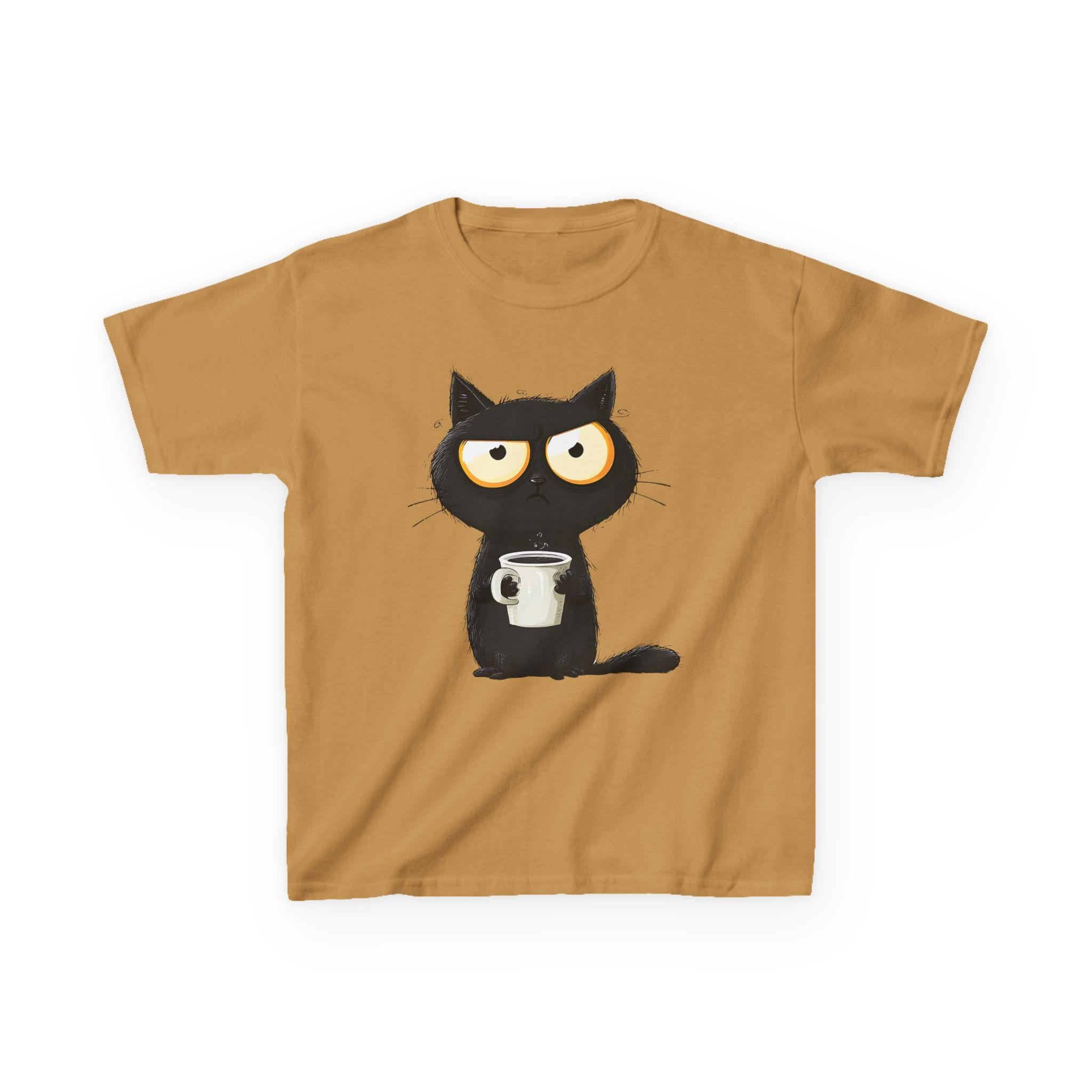 Grumpy Black Cat Holding Coffee Kids Tee