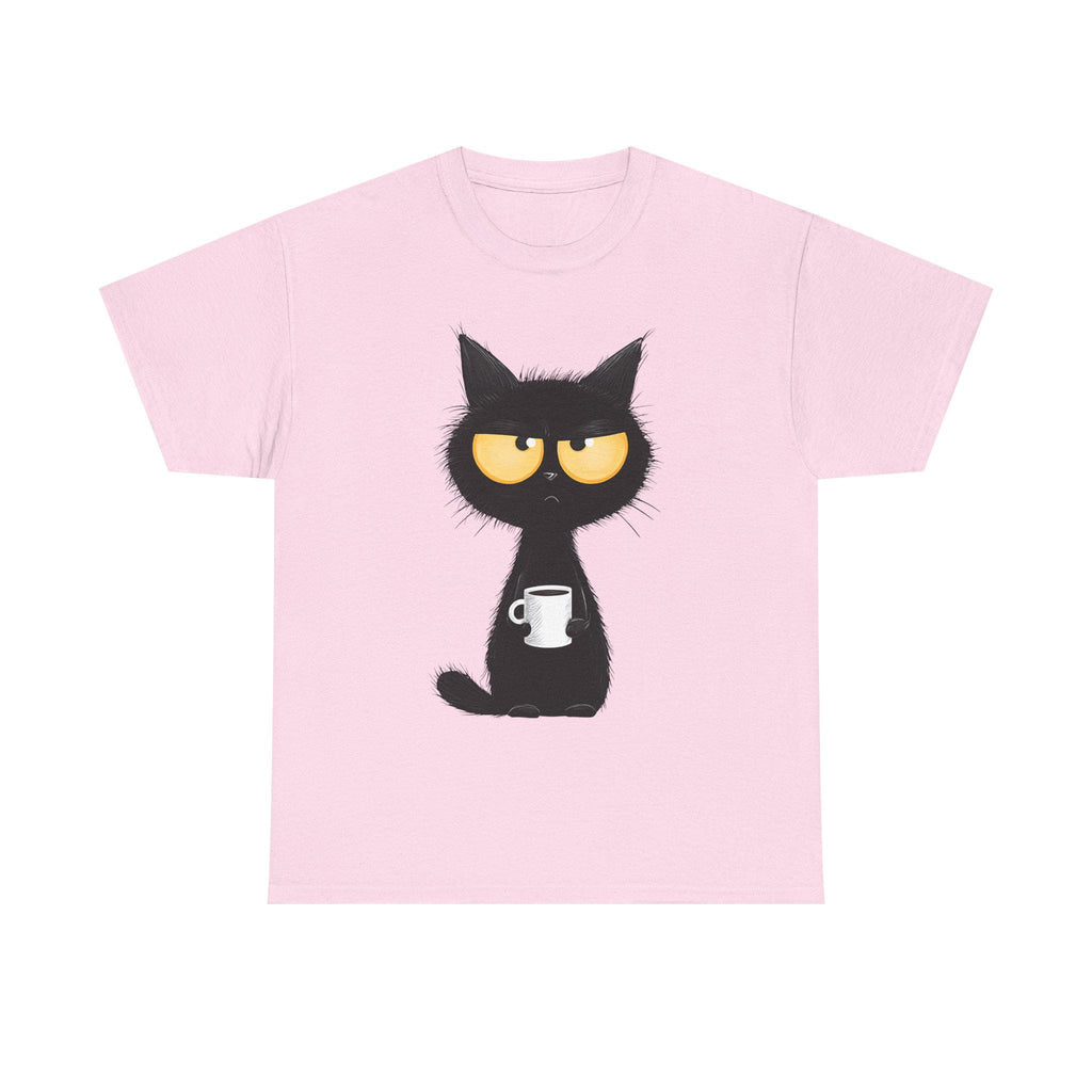 Grumpy Black Cat Holding Coffee T-Shirt | Coffee Cat Tee