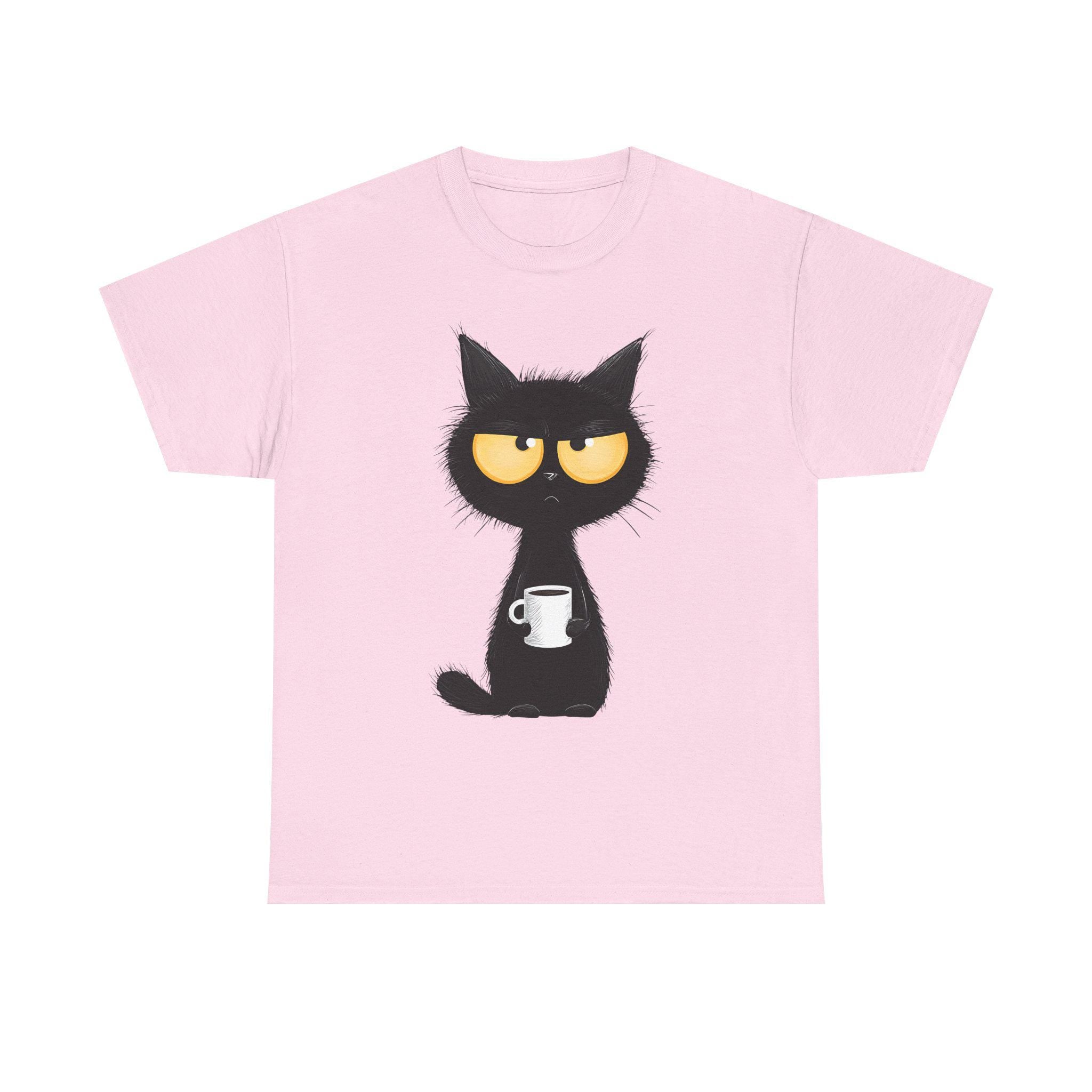 Grumpy Black Cat Holding Coffee T-Shirt | Coffee Cat Tee