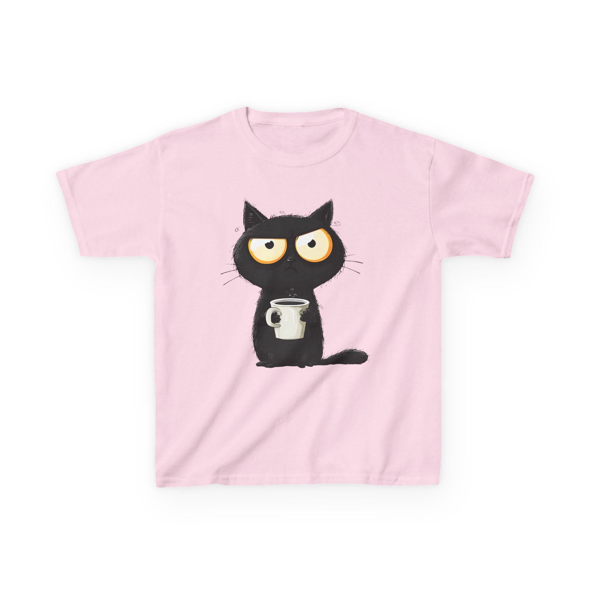 Grumpy Black Cat Holding Coffee Kids Tee