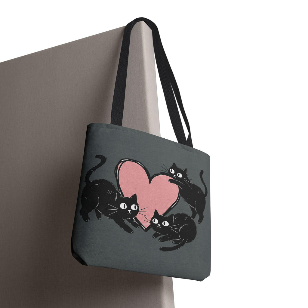 Three Black Cats Playing with Hearts Tote Bag | Cute Cat Heart Pattern