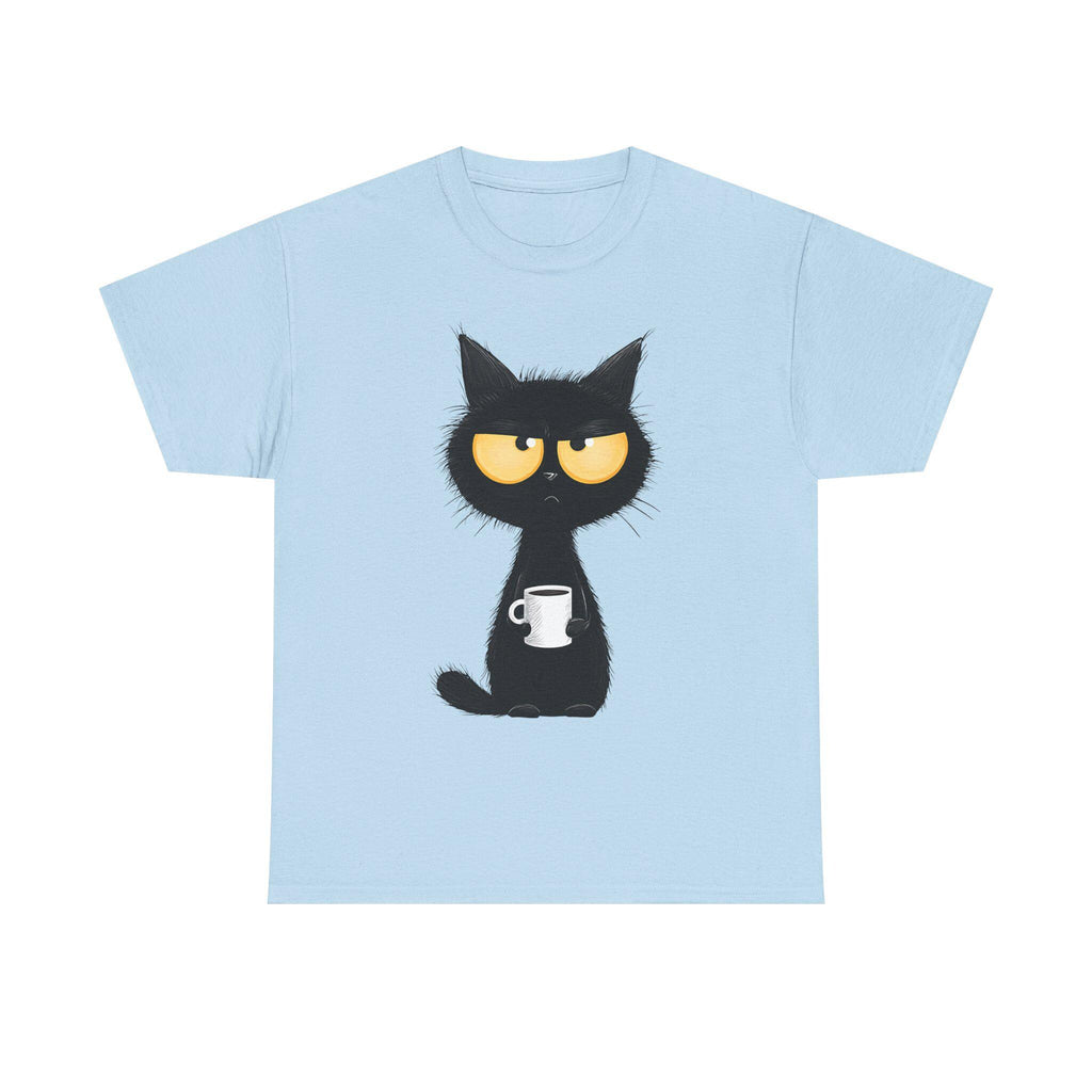 Grumpy Black Cat Holding Coffee T-Shirt | Coffee Cat Tee