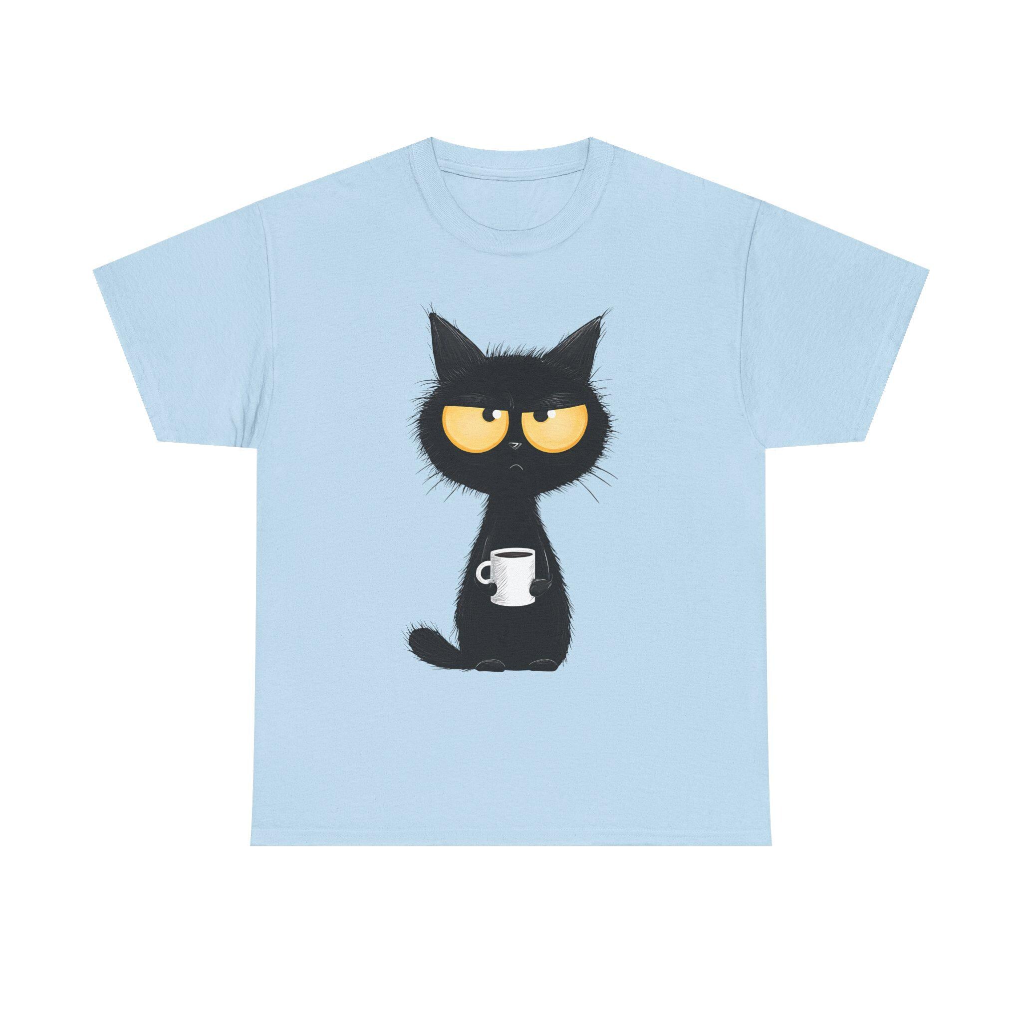 Grumpy Black Cat Holding Coffee T-Shirt | Coffee Cat Tee