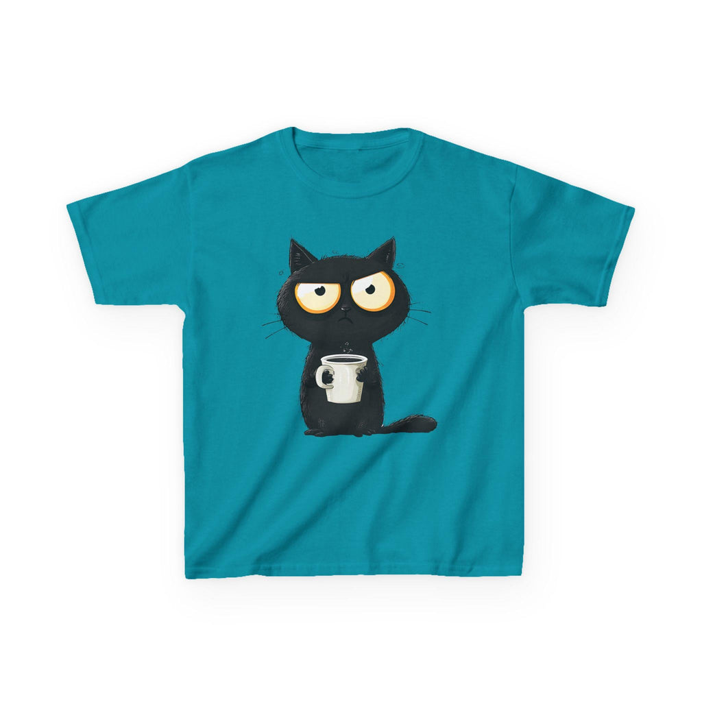 Grumpy Black Cat Holding Coffee Kids Tee