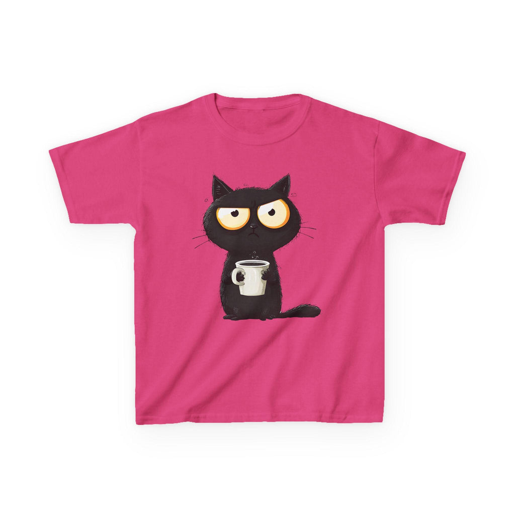 Grumpy Black Cat Holding Coffee Kids Tee