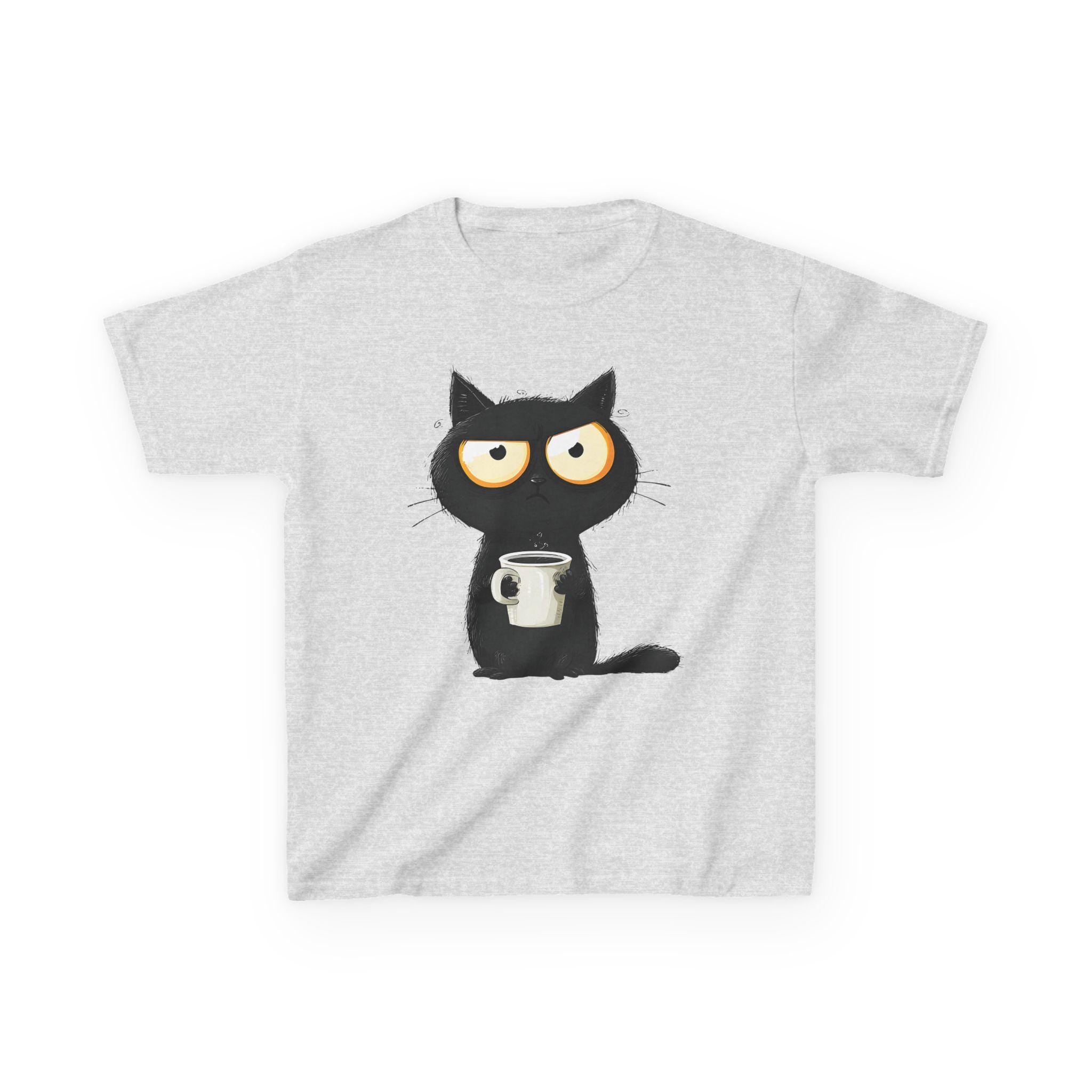 Grumpy Black Cat Holding Coffee Kids Tee