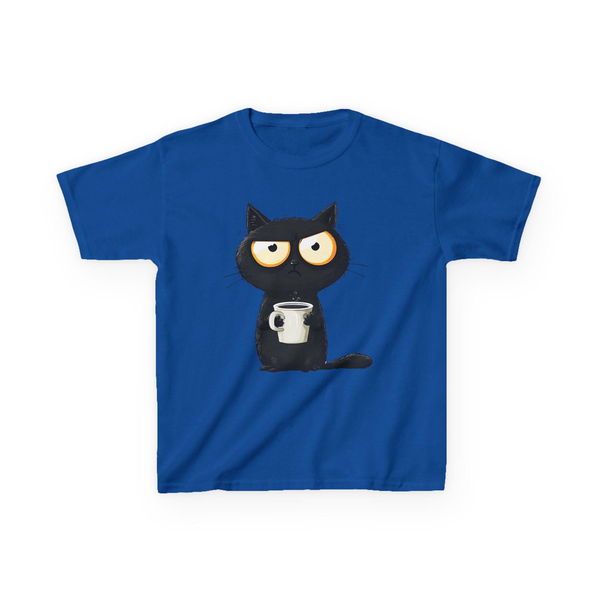 Grumpy Black Cat Holding Coffee Kids Tee