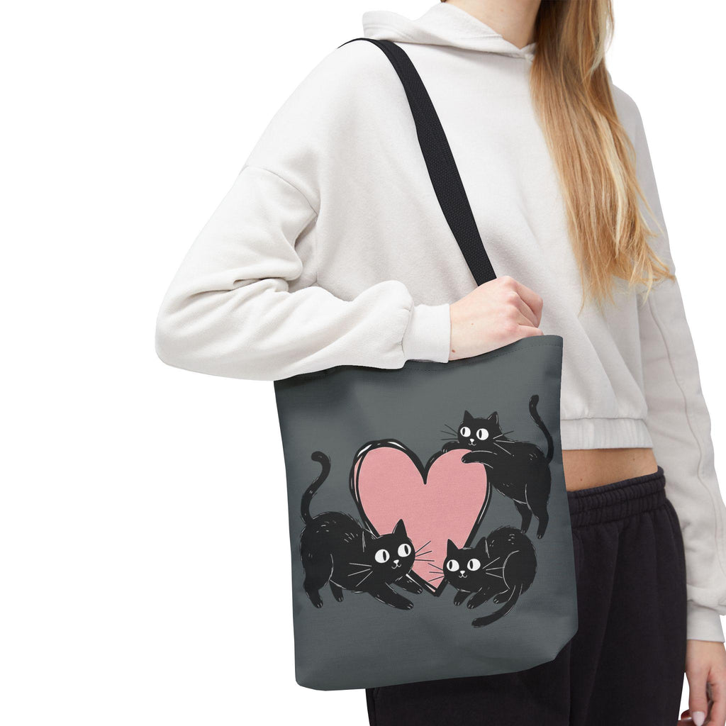 Three Black Cats Playing with Hearts Tote Bag | Cute Cat Heart Pattern