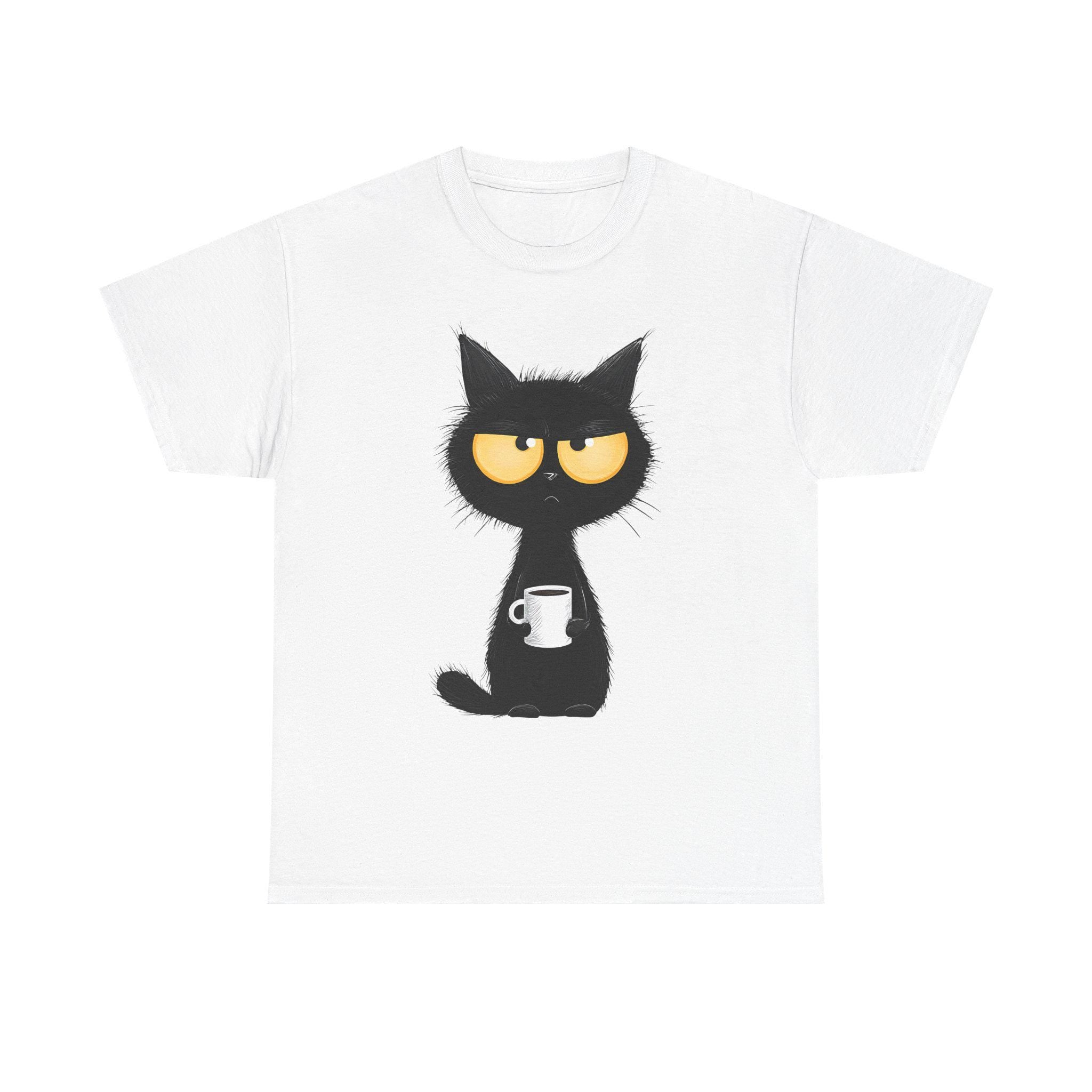 Grumpy Black Cat Holding Coffee T-Shirt | Coffee Cat Tee