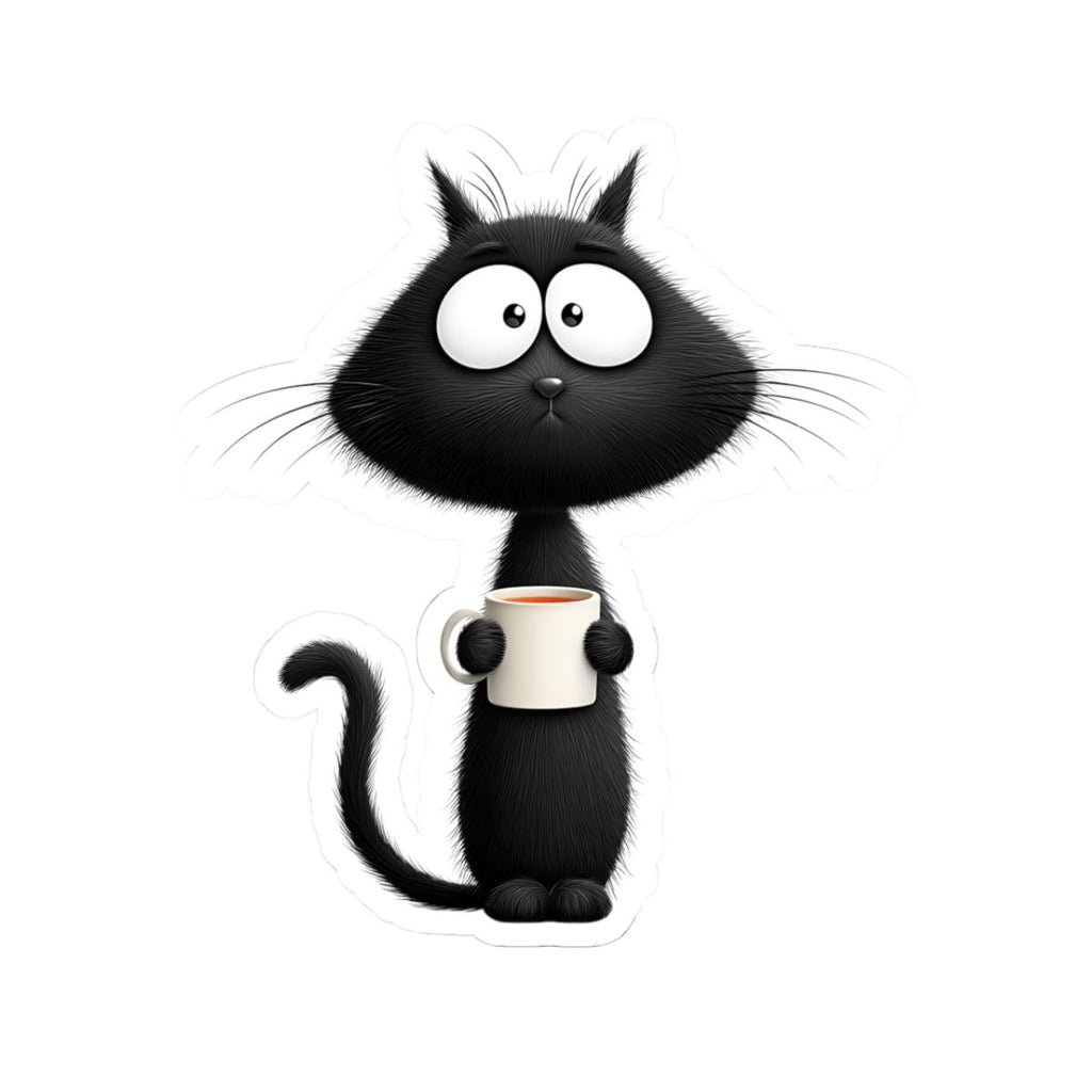 Black Cartoon Cat with Coffee Kiss-Cut Stickers | Cute Cat Sticker