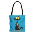 Wide-Eyed Black Cat Holding Coffee Tote Bag | Cute Cartoon Cat Illustration