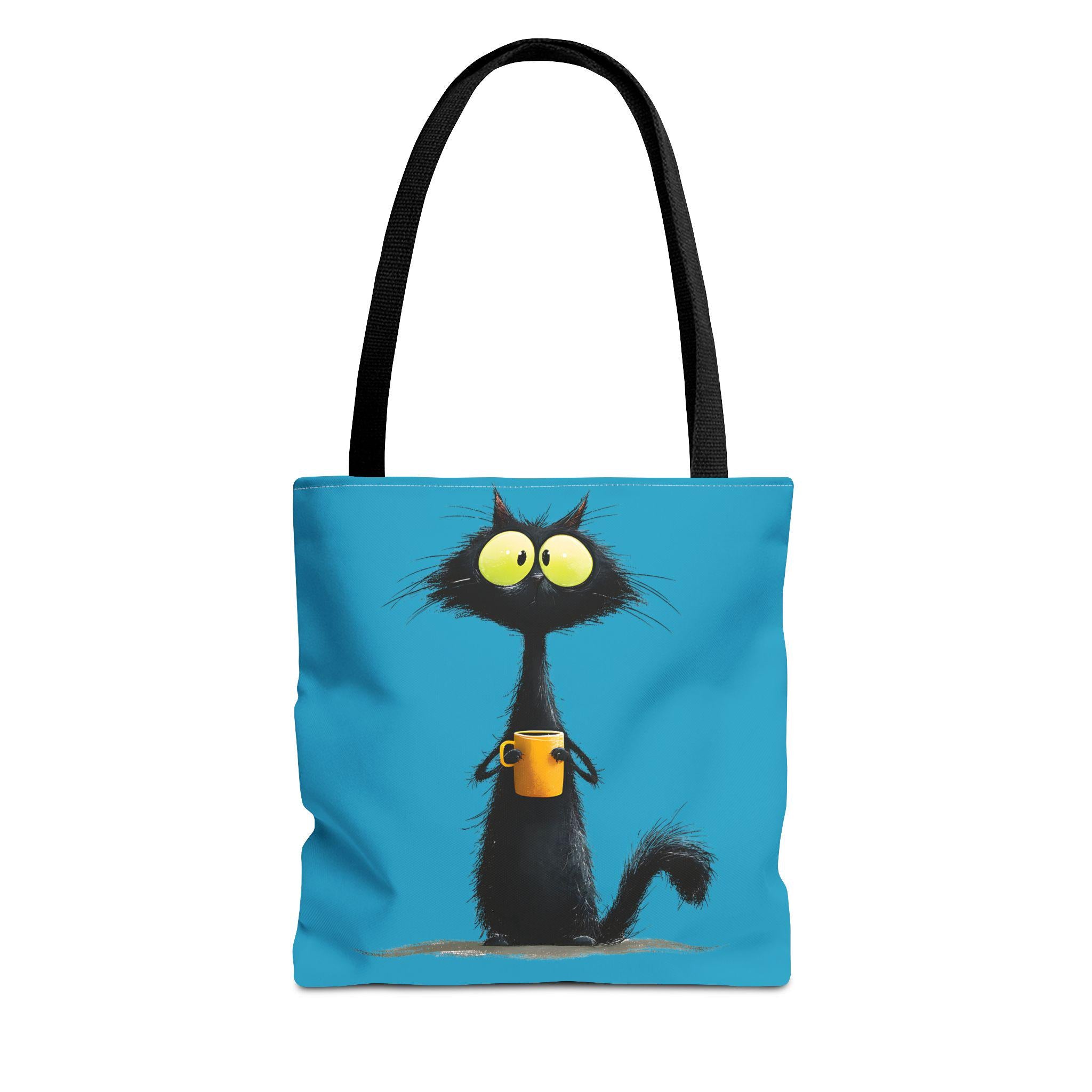 Wide-Eyed Black Cat Holding Coffee Tote Bag | Cute Cartoon Cat Illustration