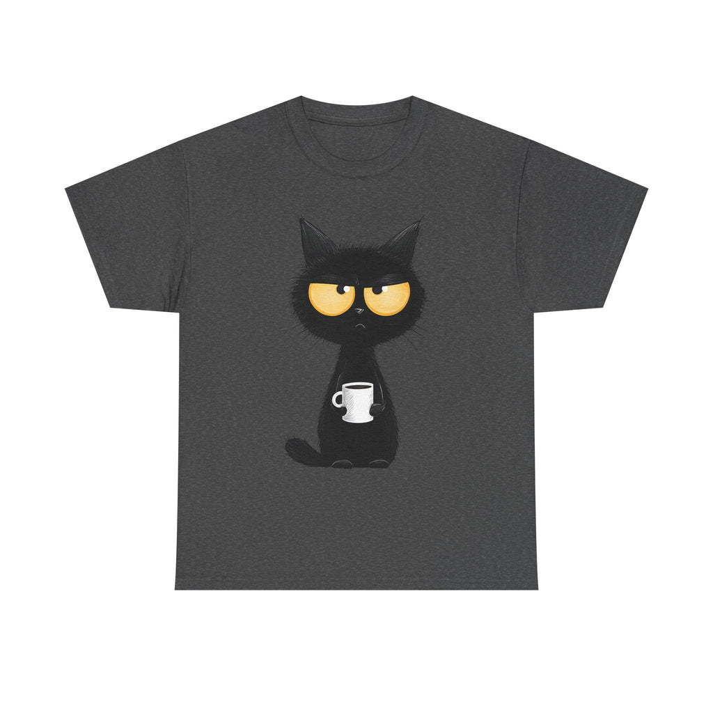 Grumpy Black Cat Holding Coffee T-Shirt | Coffee Cat Tee