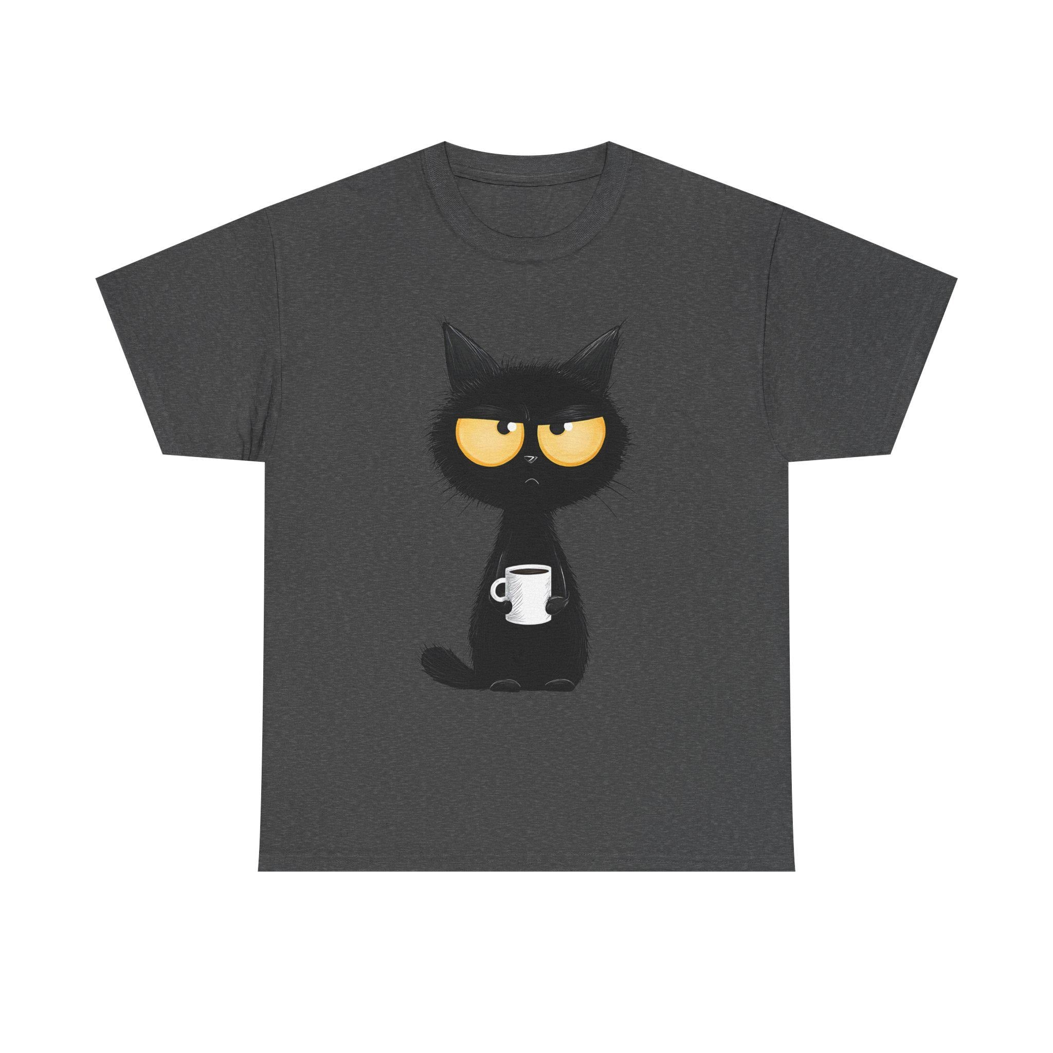 Grumpy Black Cat Holding Coffee T-Shirt | Coffee Cat Tee