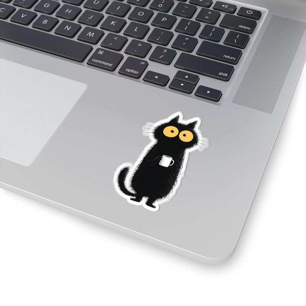Wide-Eyed Black Cat with Coffee Mug Sticker | Kiss-Cut Sticker