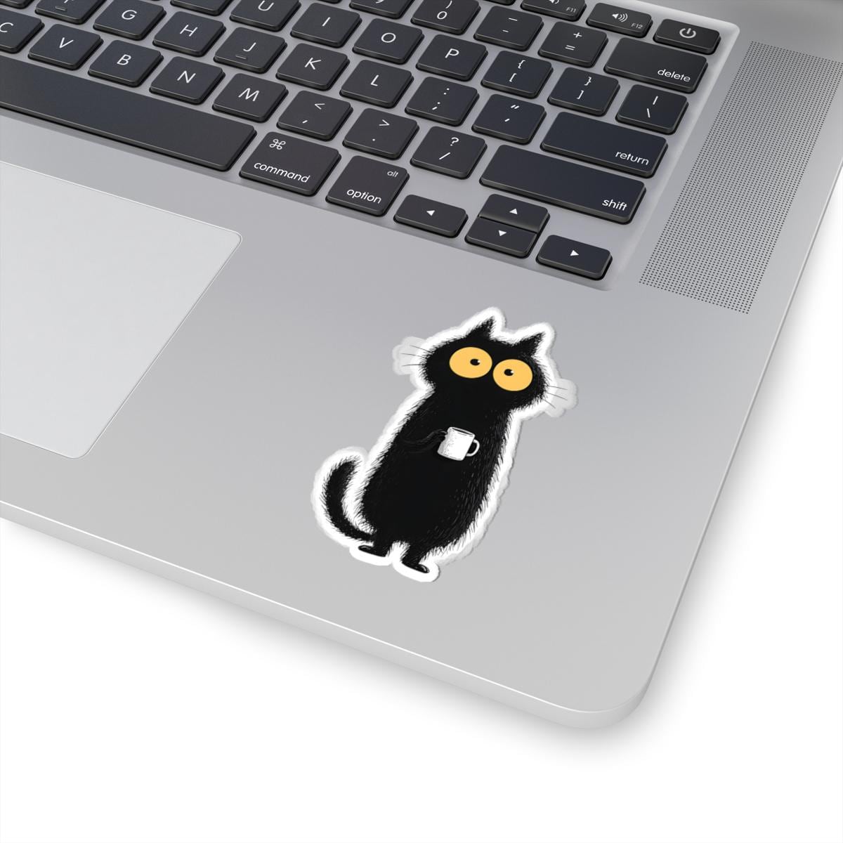 Wide-Eyed Black Cat with Coffee Mug Sticker | Kiss-Cut Sticker